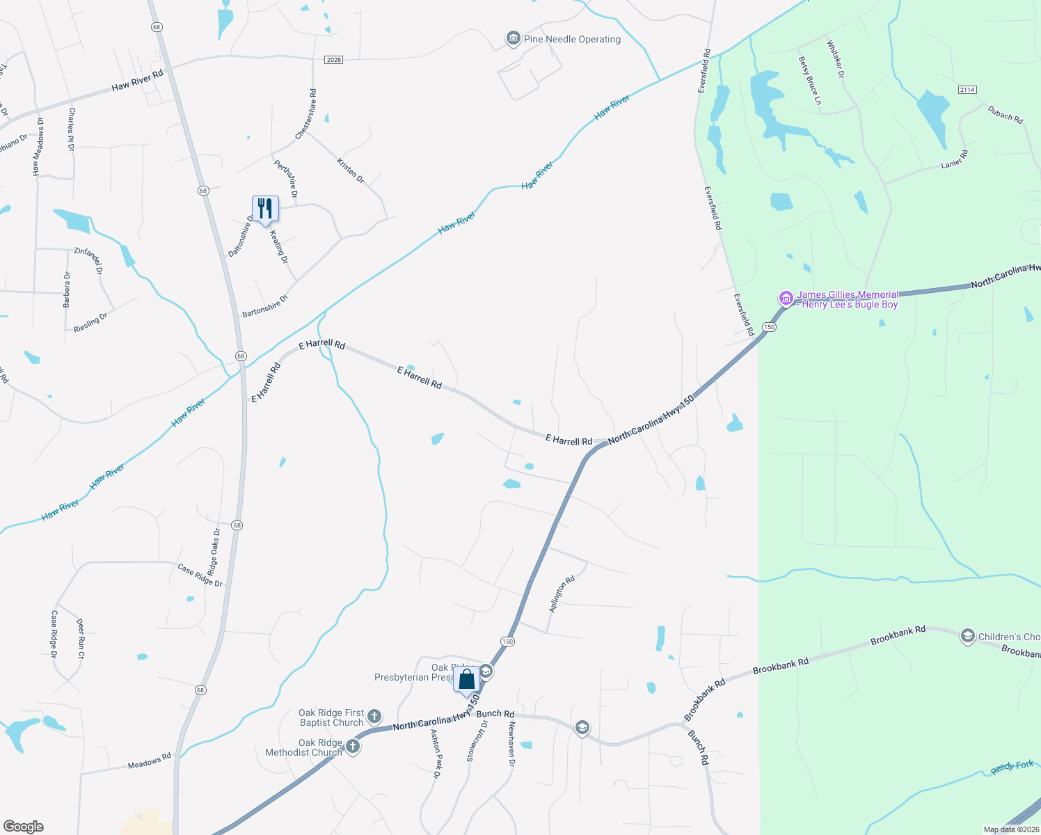 map of restaurants, bars, coffee shops, grocery stores, and more near 8134 East Harrell Road in Oak Ridge