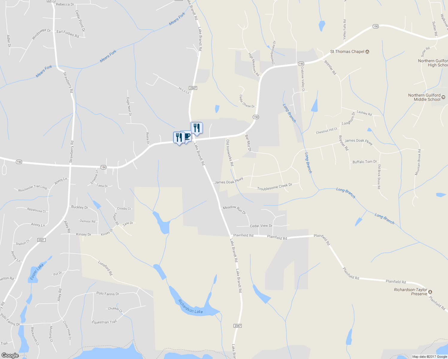 map of restaurants, bars, coffee shops, grocery stores, and more near 920 James Doak Parkway in Greensboro
