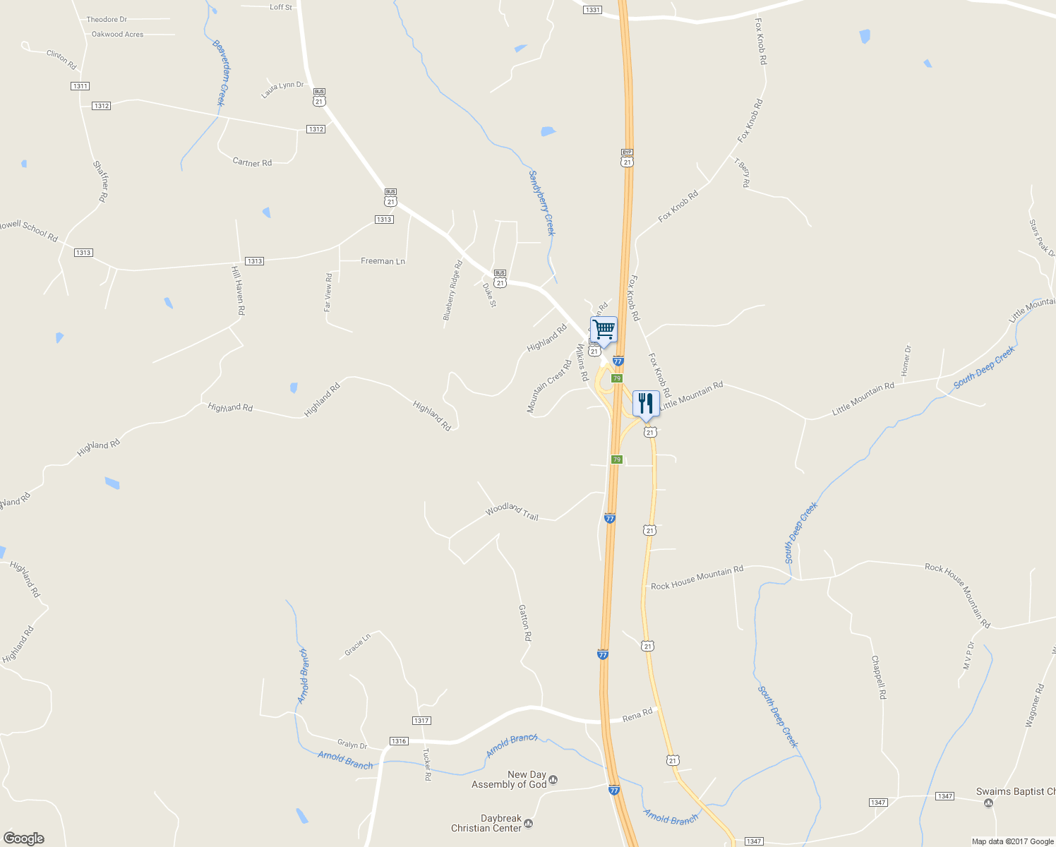 map of restaurants, bars, coffee shops, grocery stores, and more near 2849 Mountain Crest Road in Jonesville