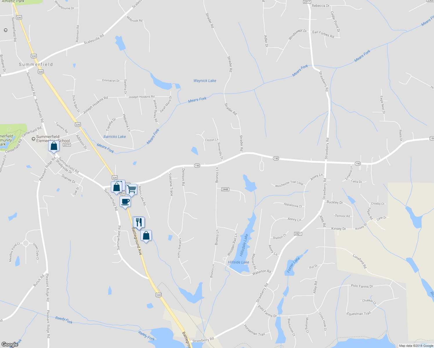 map of restaurants, bars, coffee shops, grocery stores, and more near 7115 Bronco Lane in Summerfield
