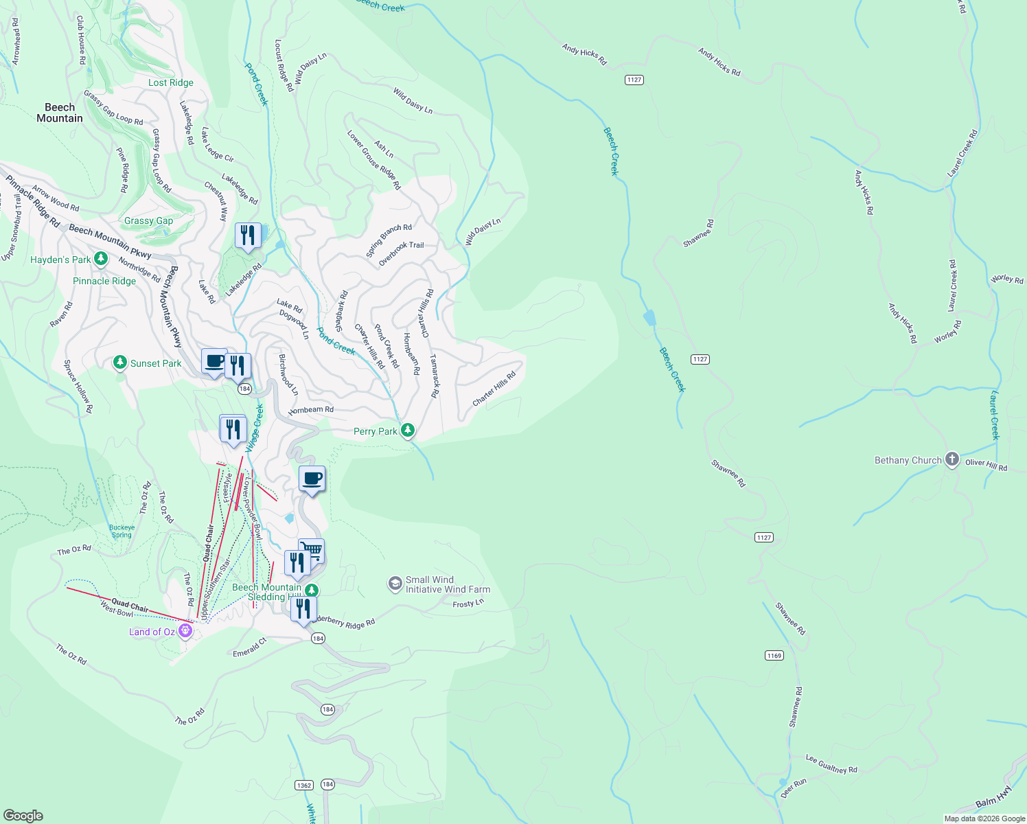 map of restaurants, bars, coffee shops, grocery stores, and more near 200 Summit Lodge in Beech Mountain