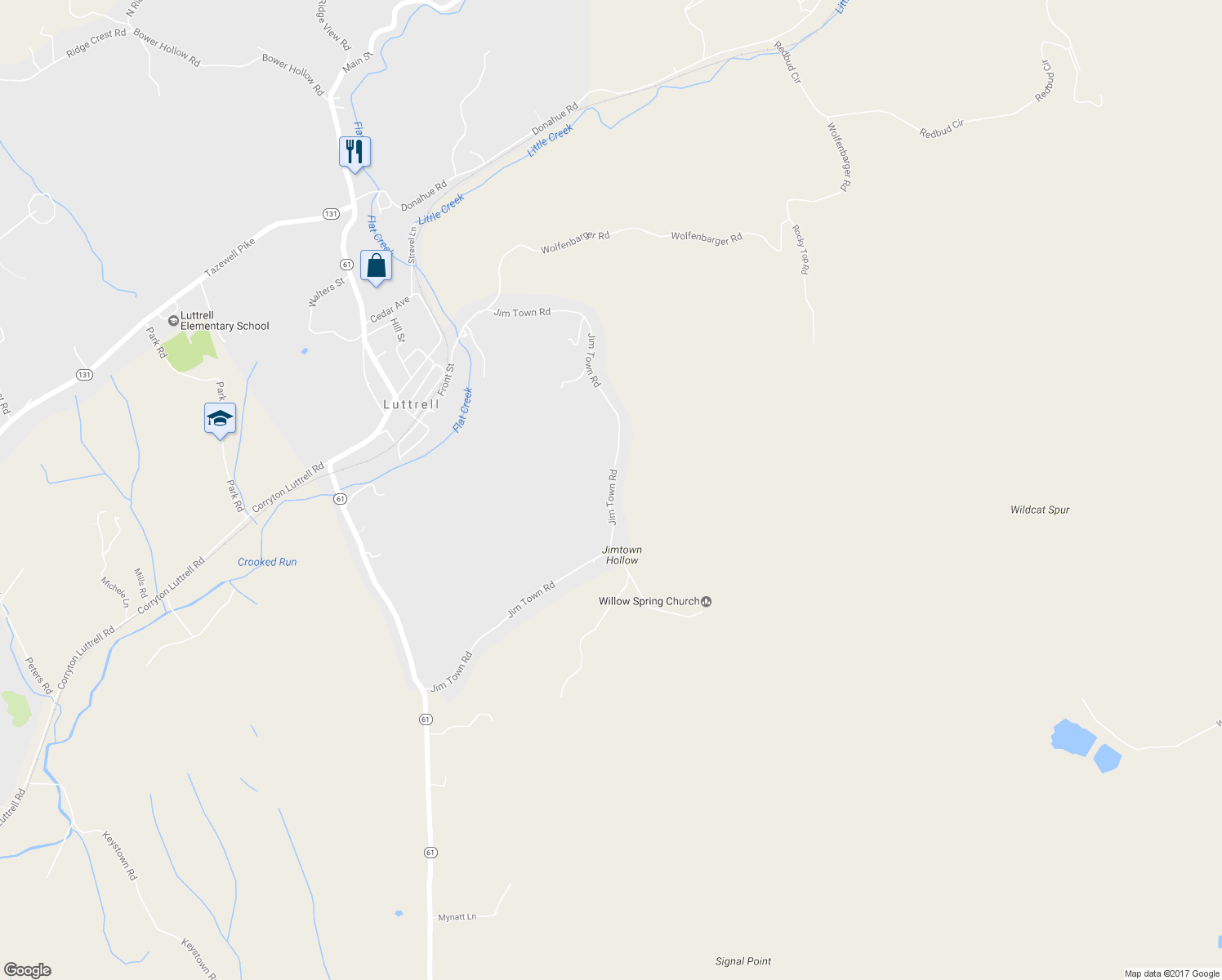 map of restaurants, bars, coffee shops, grocery stores, and more near 384 Jim Town Road in Luttrell