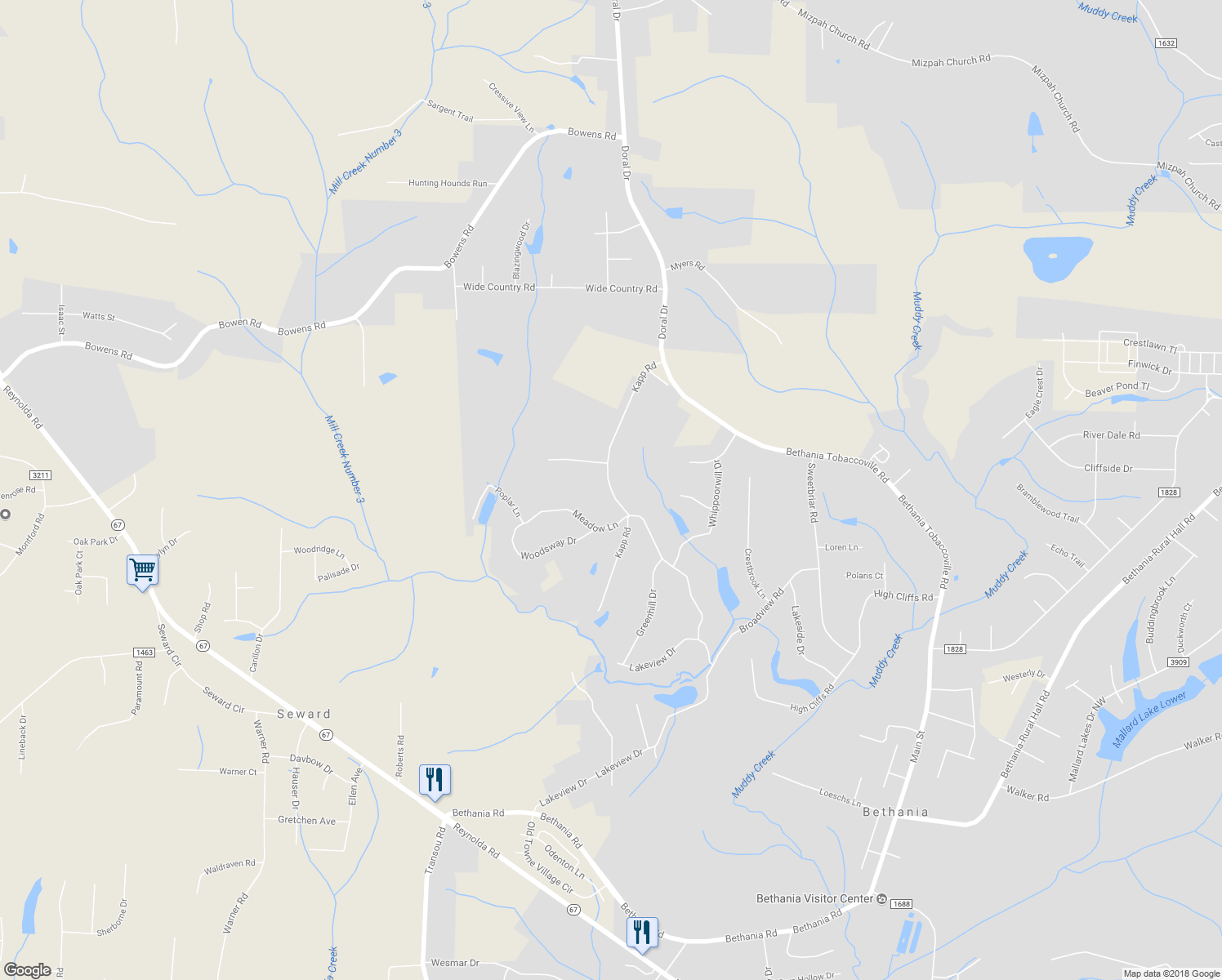 map of restaurants, bars, coffee shops, grocery stores, and more near Kapp Road in Pfafftown