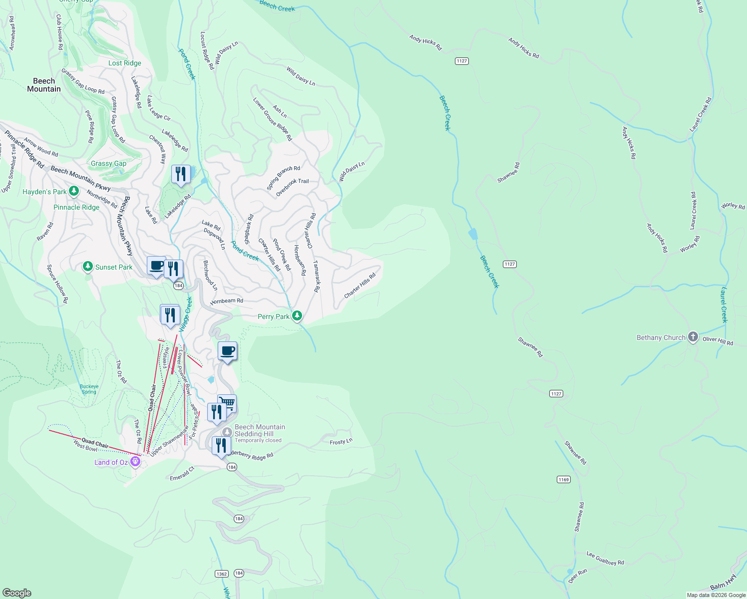 map of restaurants, bars, coffee shops, grocery stores, and more near 200 Summit Lodge in Beech Mountain