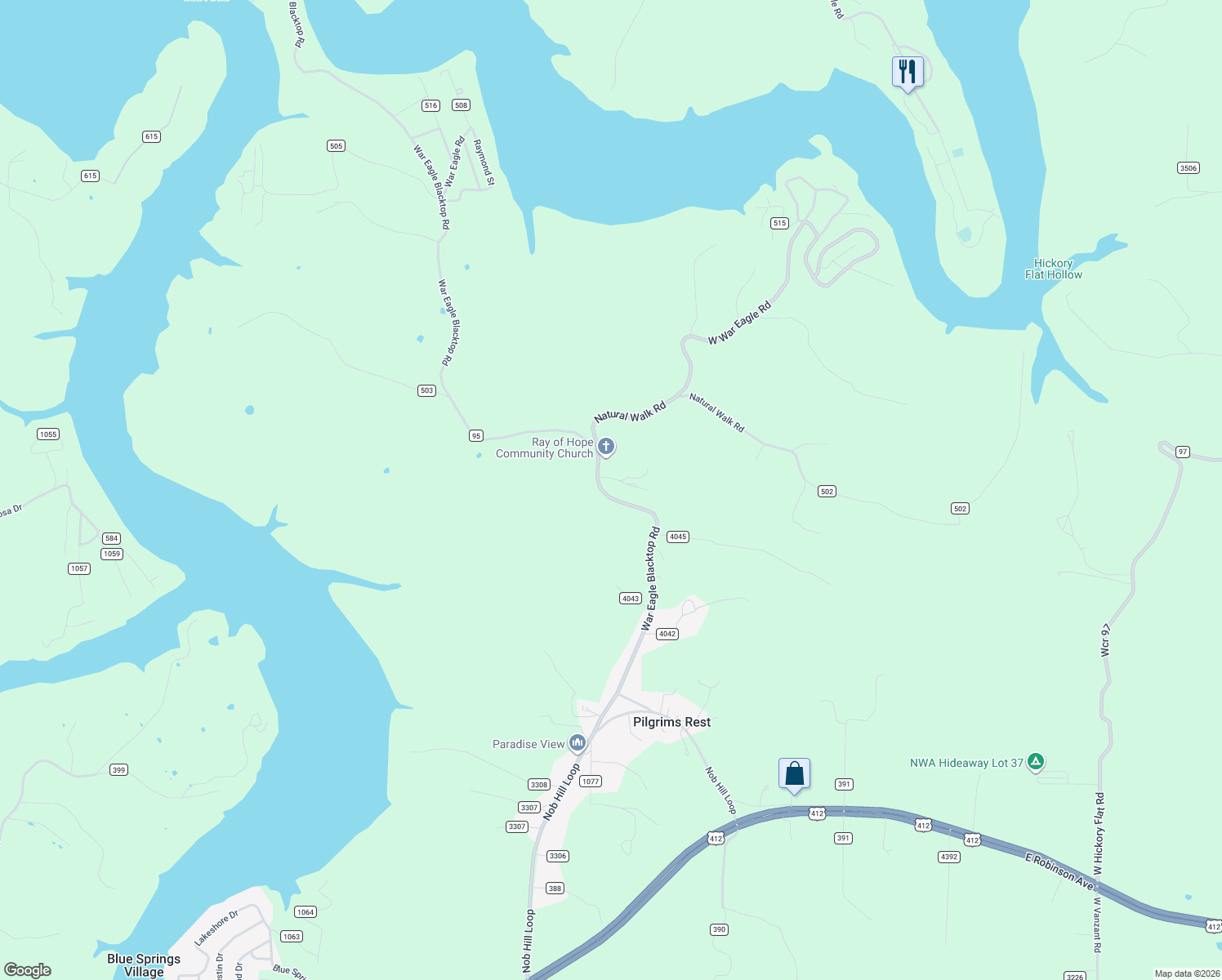 map of restaurants, bars, coffee shops, grocery stores, and more near 22000 War Eagle Blacktop Road in Springdale
