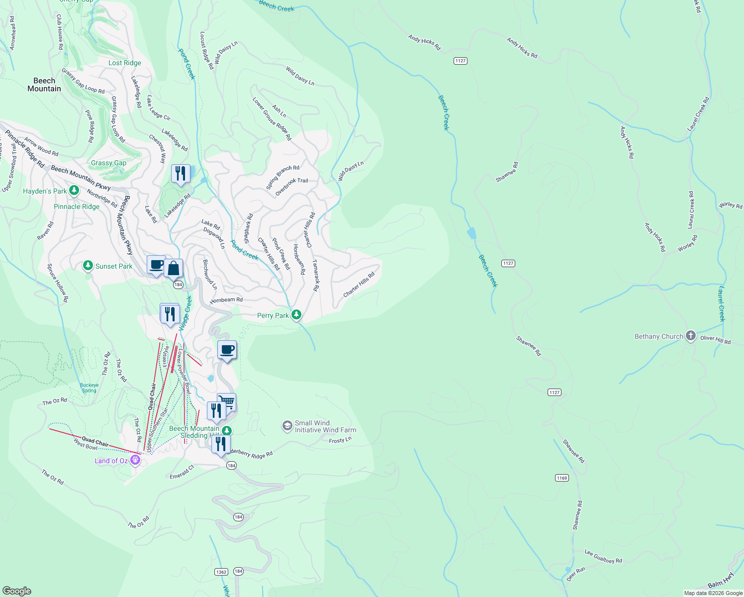 map of restaurants, bars, coffee shops, grocery stores, and more near 200 Summit Lodge in Beech Mountain