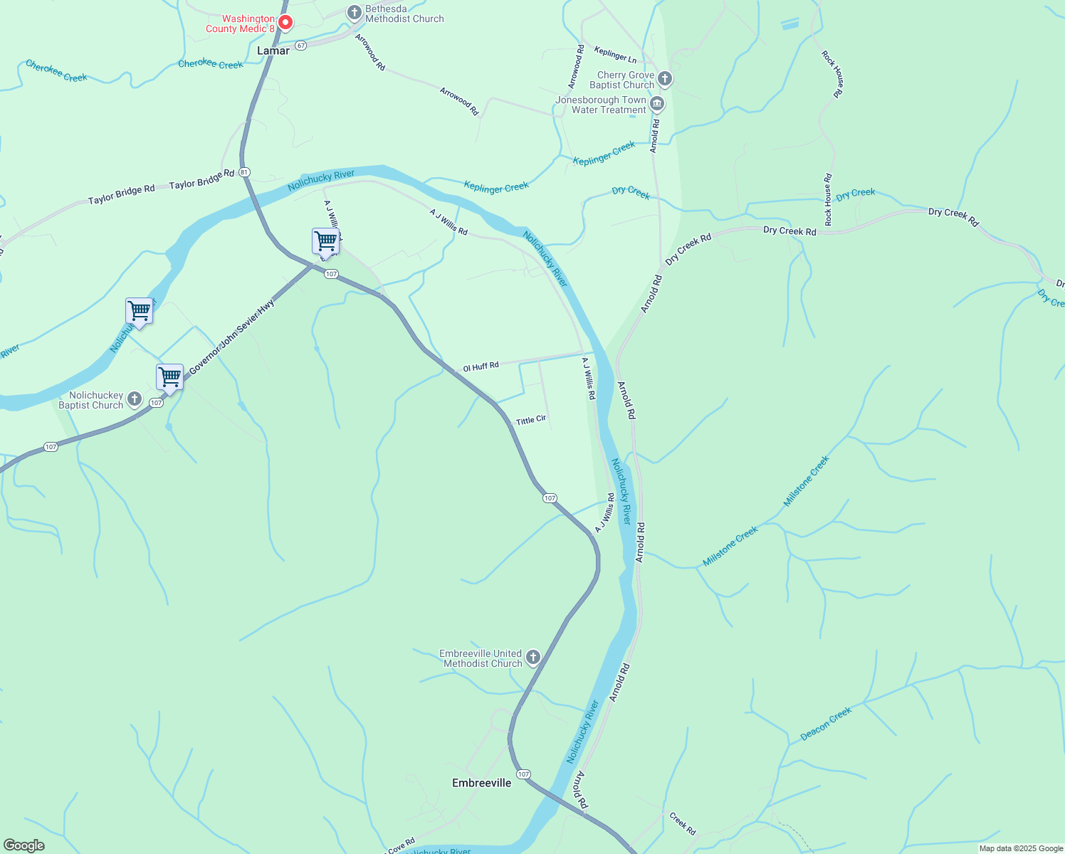 map of restaurants, bars, coffee shops, grocery stores, and more near 118 Tittle Circle in Jonesborough
