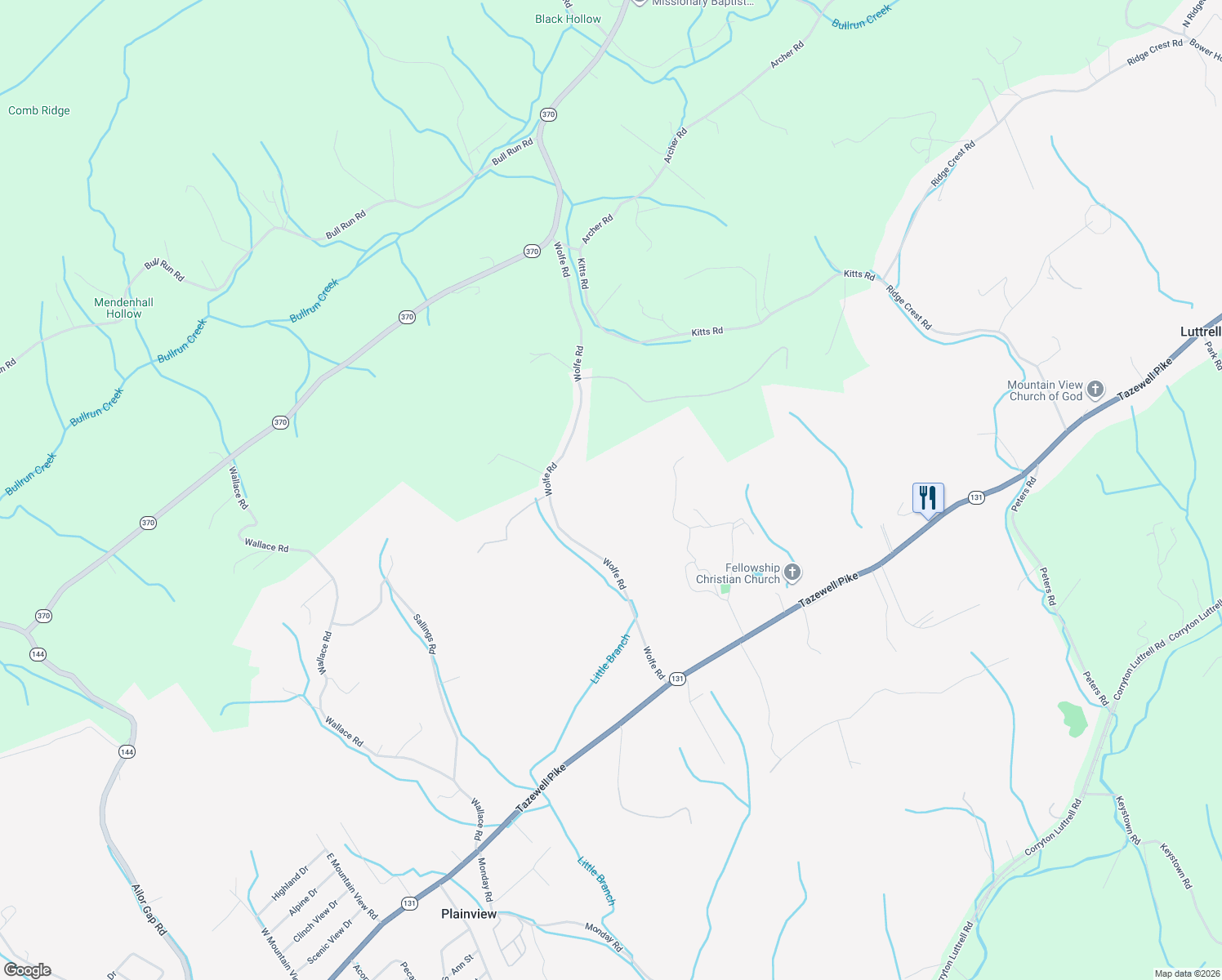 map of restaurants, bars, coffee shops, grocery stores, and more near 395 Wolfe Road in Luttrell