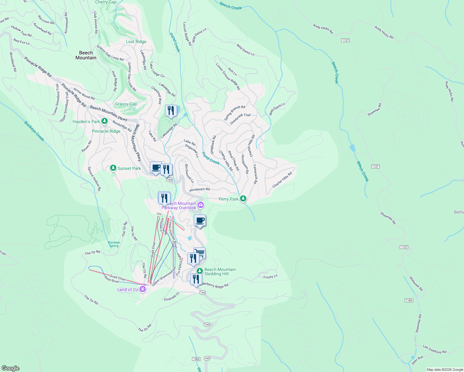 map of restaurants, bars, coffee shops, grocery stores, and more near 104 Pond Creek Rd in Beech Mountain