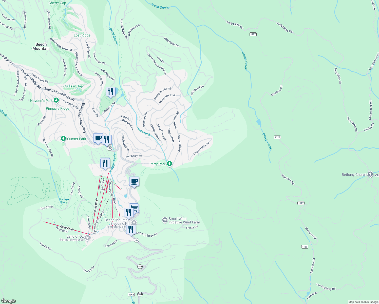 map of restaurants, bars, coffee shops, grocery stores, and more near 1013 Charter Hills Road in Beech Mountain