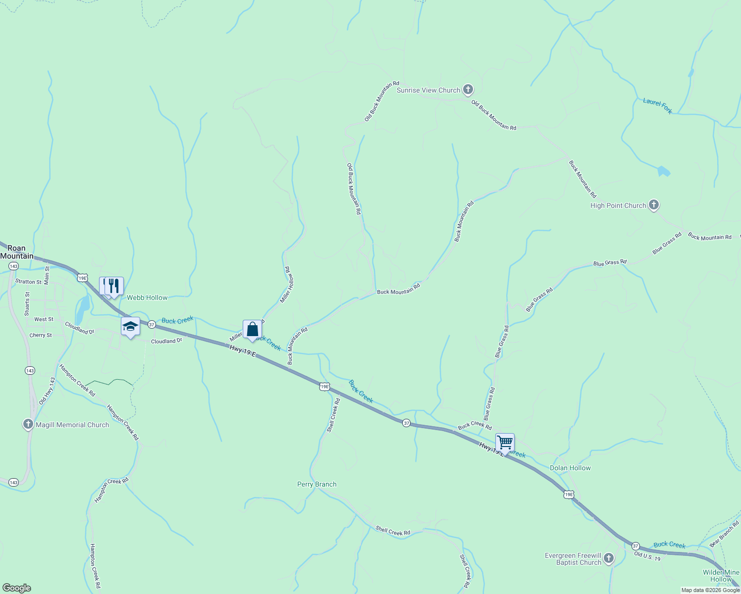 map of restaurants, bars, coffee shops, grocery stores, and more near 226 Buck Mountain Road in Roan Mountain