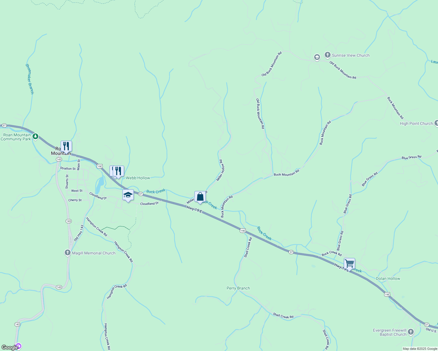 map of restaurants, bars, coffee shops, grocery stores, and more near 189 Miller Hollow Rd in Roan Mountain