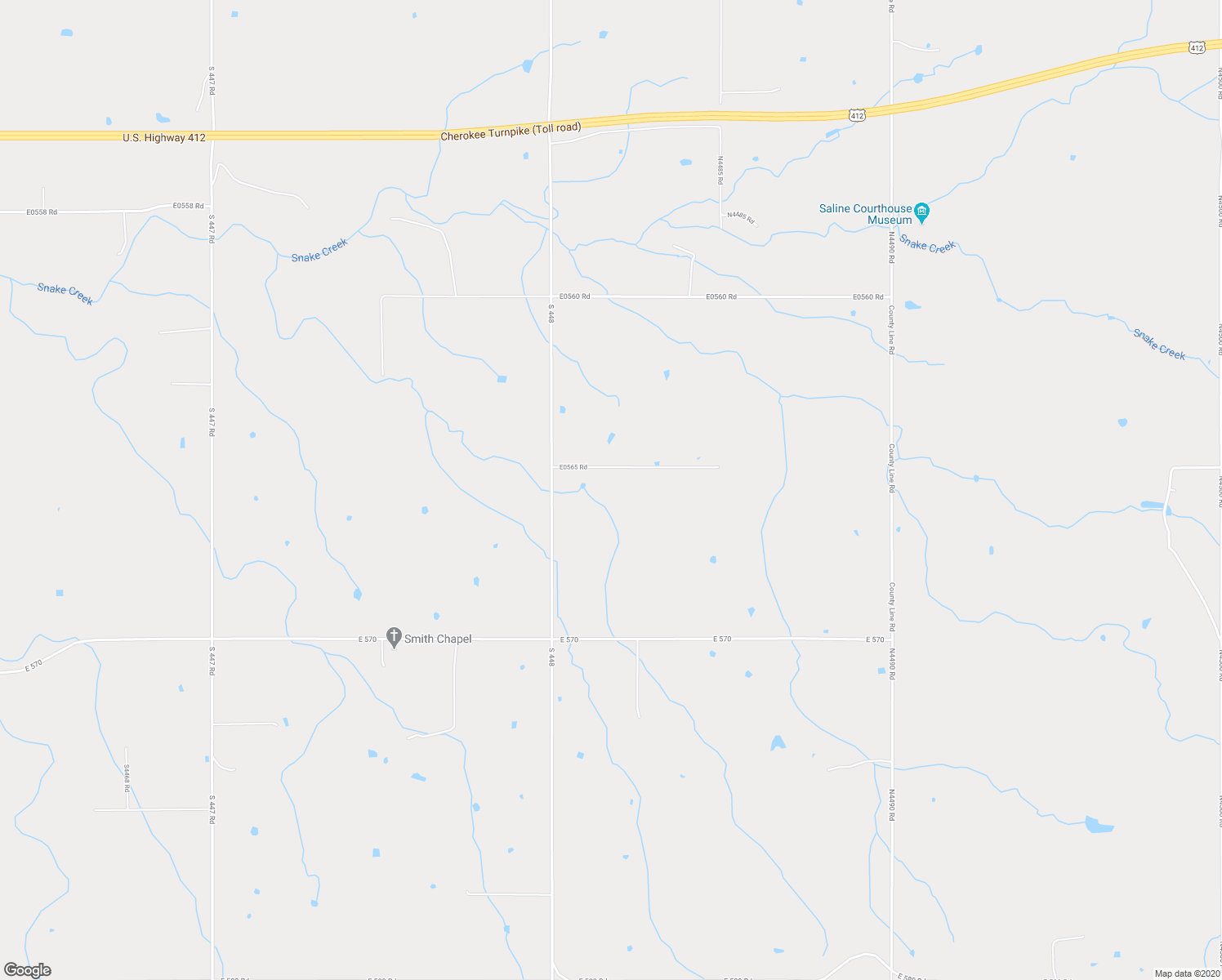 map of restaurants, bars, coffee shops, grocery stores, and more near 13144 East 565 Road in Rose