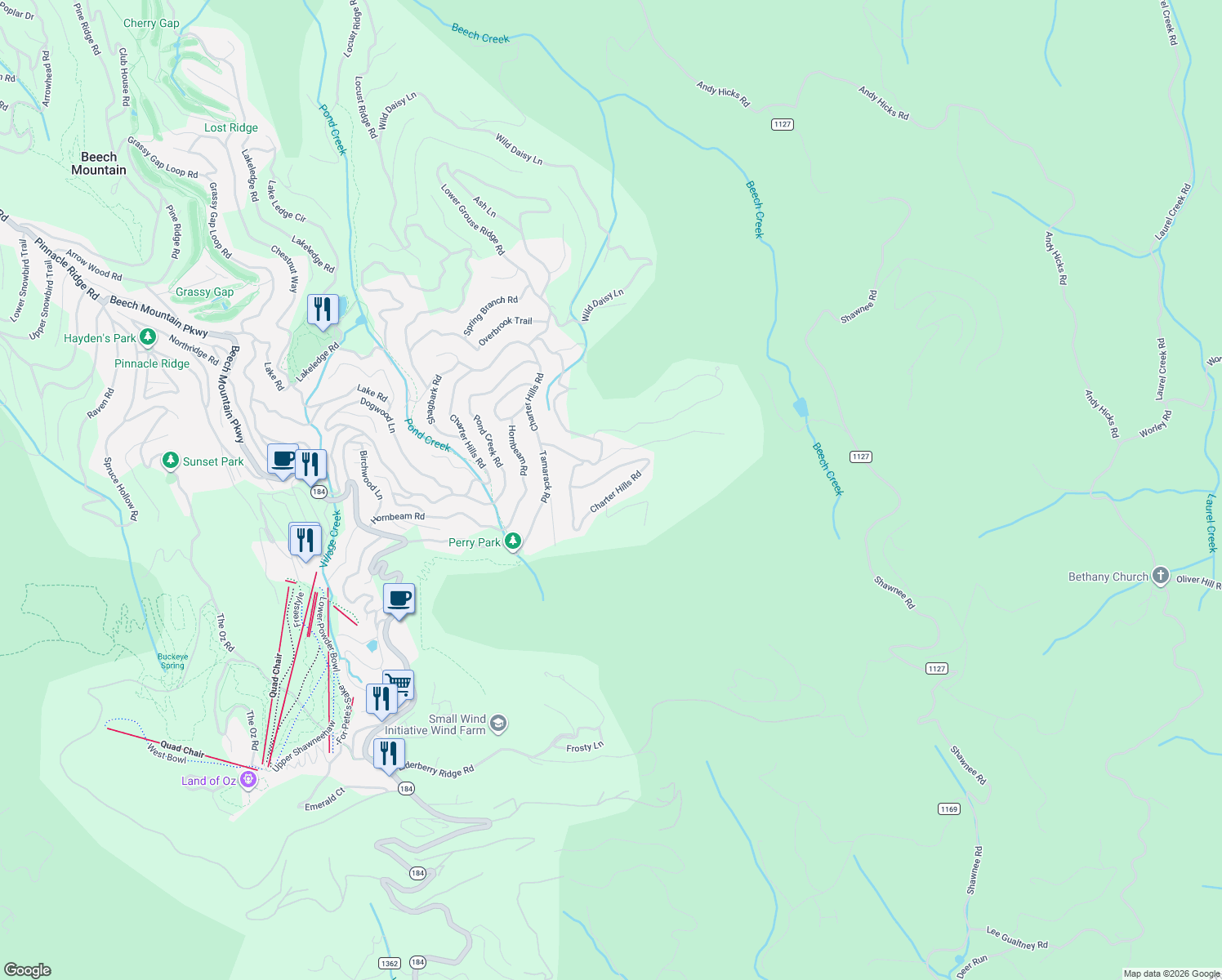 map of restaurants, bars, coffee shops, grocery stores, and more near 1027 Charter Hills Road in Beech Mountain