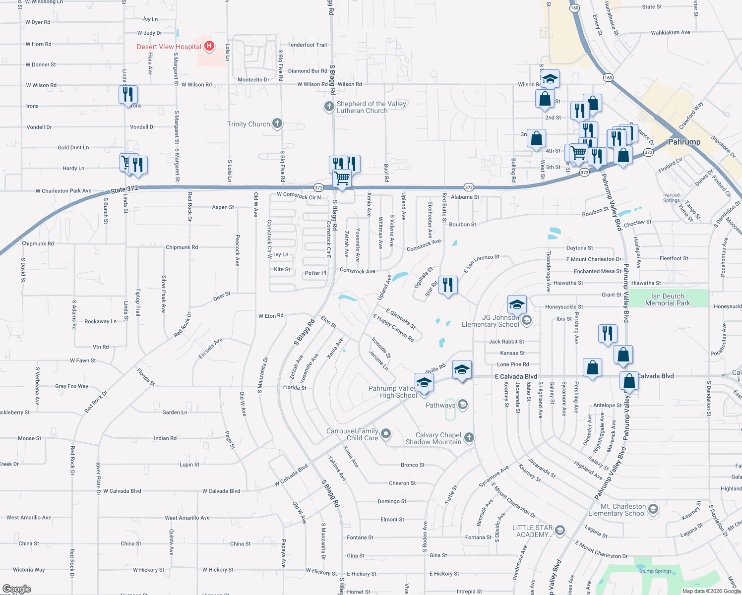 map of restaurants, bars, coffee shops, grocery stores, and more near 111 Fairway St in Pahrump
