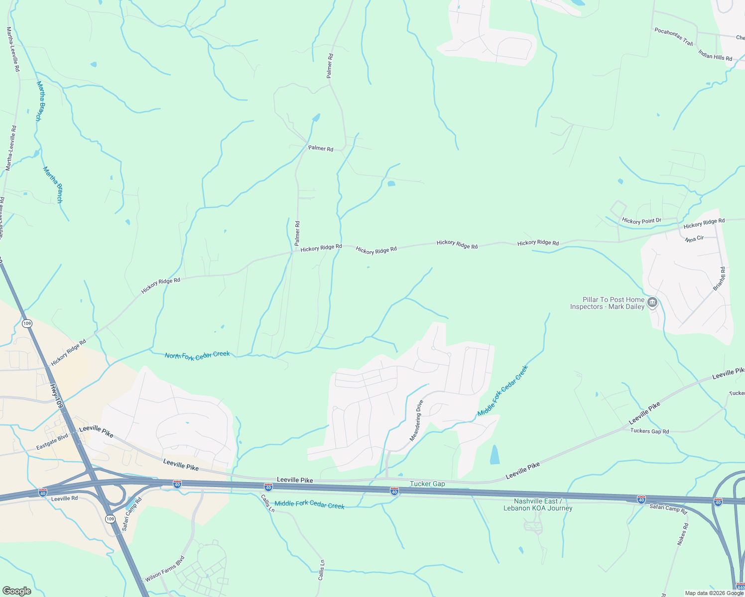 map of restaurants, bars, coffee shops, grocery stores, and more near 4860 Hickory Ridge Road in Lebanon