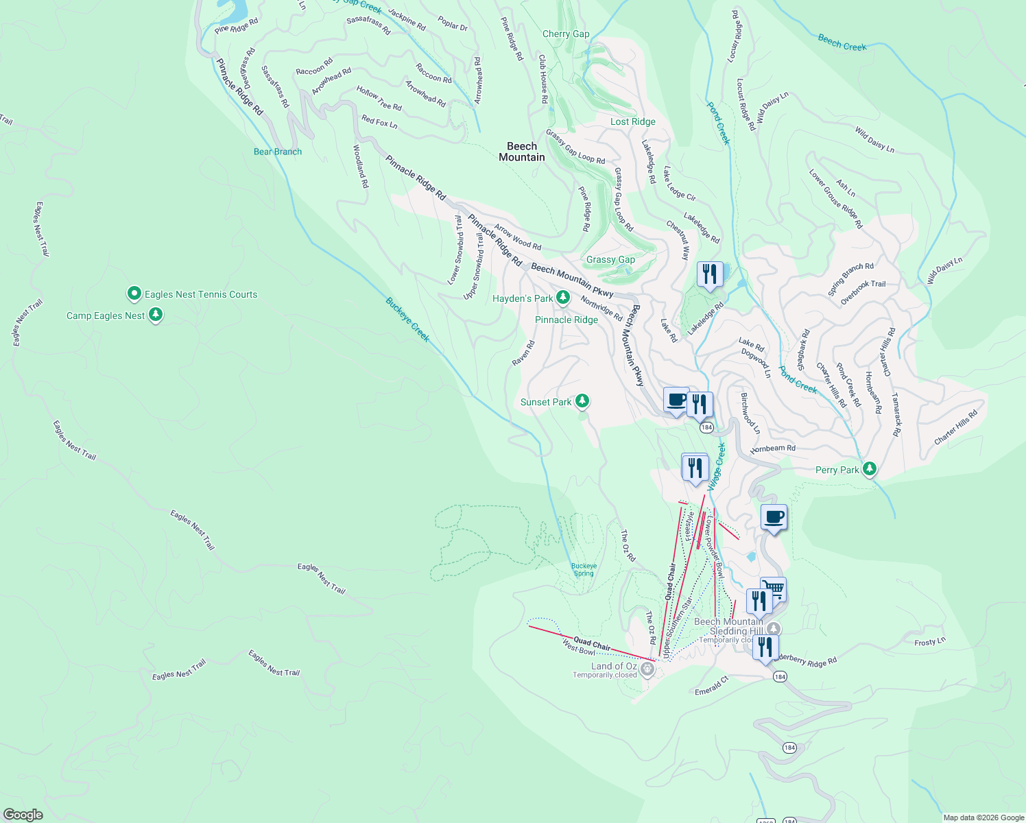 map of restaurants, bars, coffee shops, grocery stores, and more near 143 Raven Road in Beech Mountain