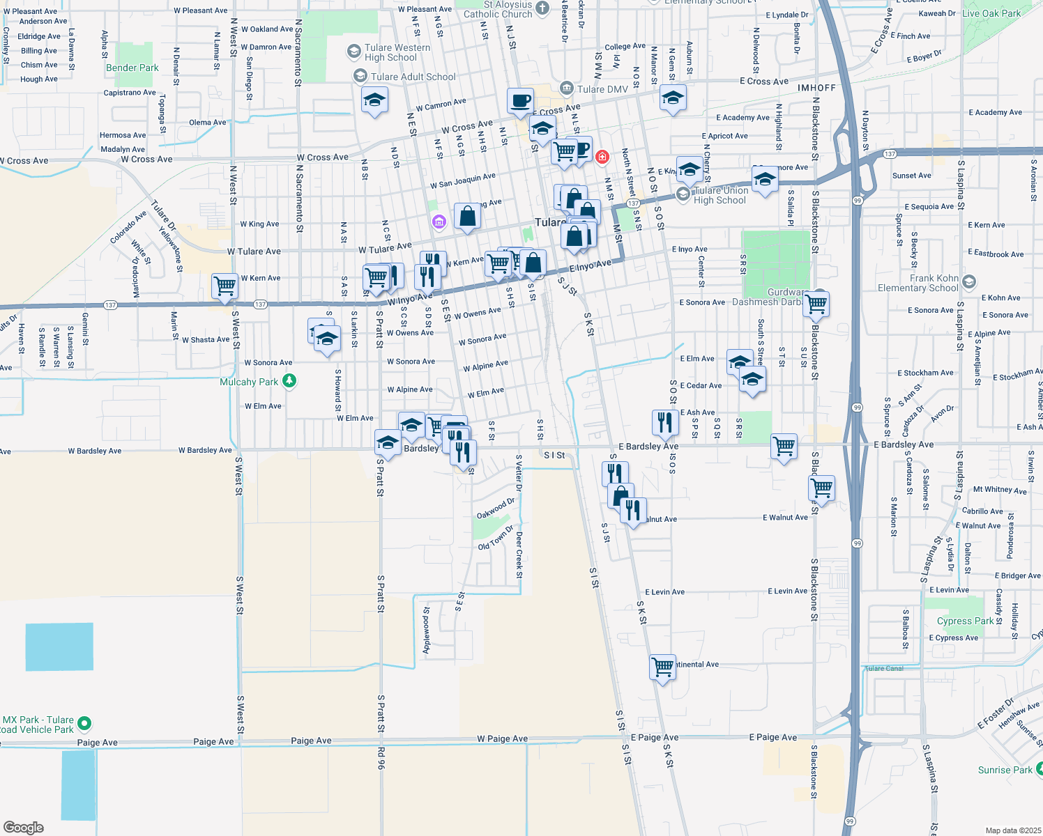 map of restaurants, bars, coffee shops, grocery stores, and more near 225 West Cedar Avenue in Tulare