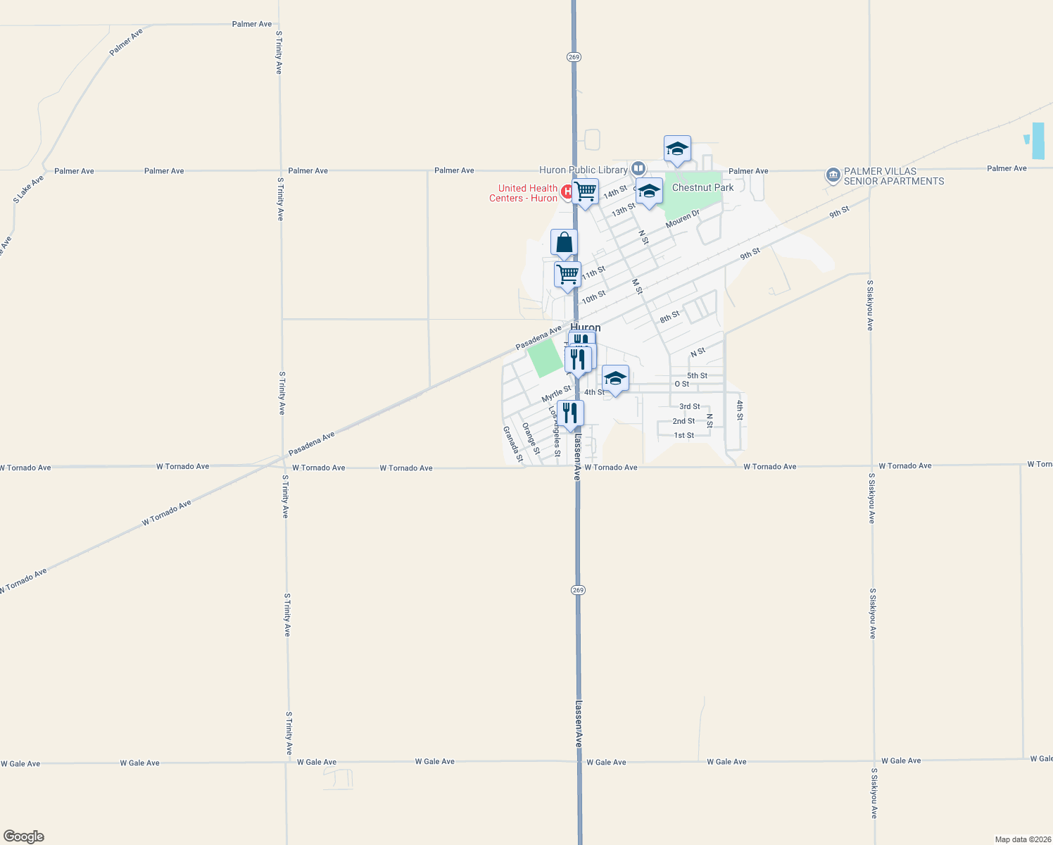 map of restaurants, bars, coffee shops, grocery stores, and more near 17194 Apple Avenue in Huron