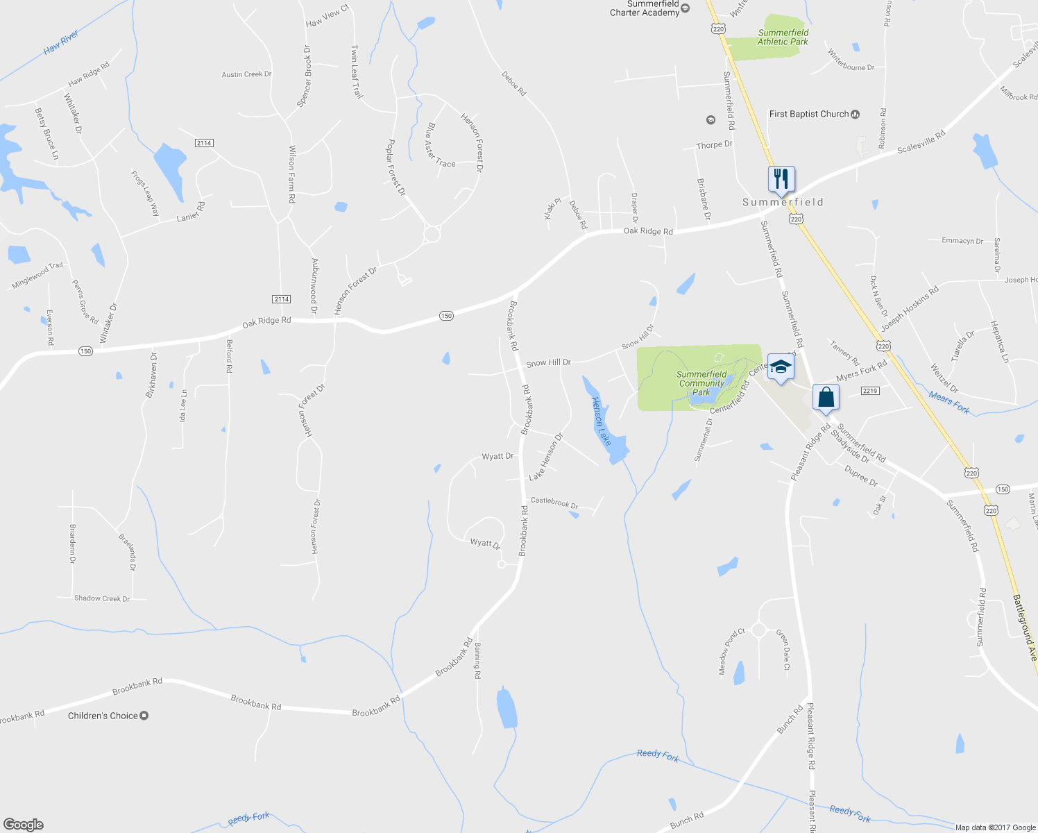 map of restaurants, bars, coffee shops, grocery stores, and more near 7100 Henson Farm Way in Summerfield