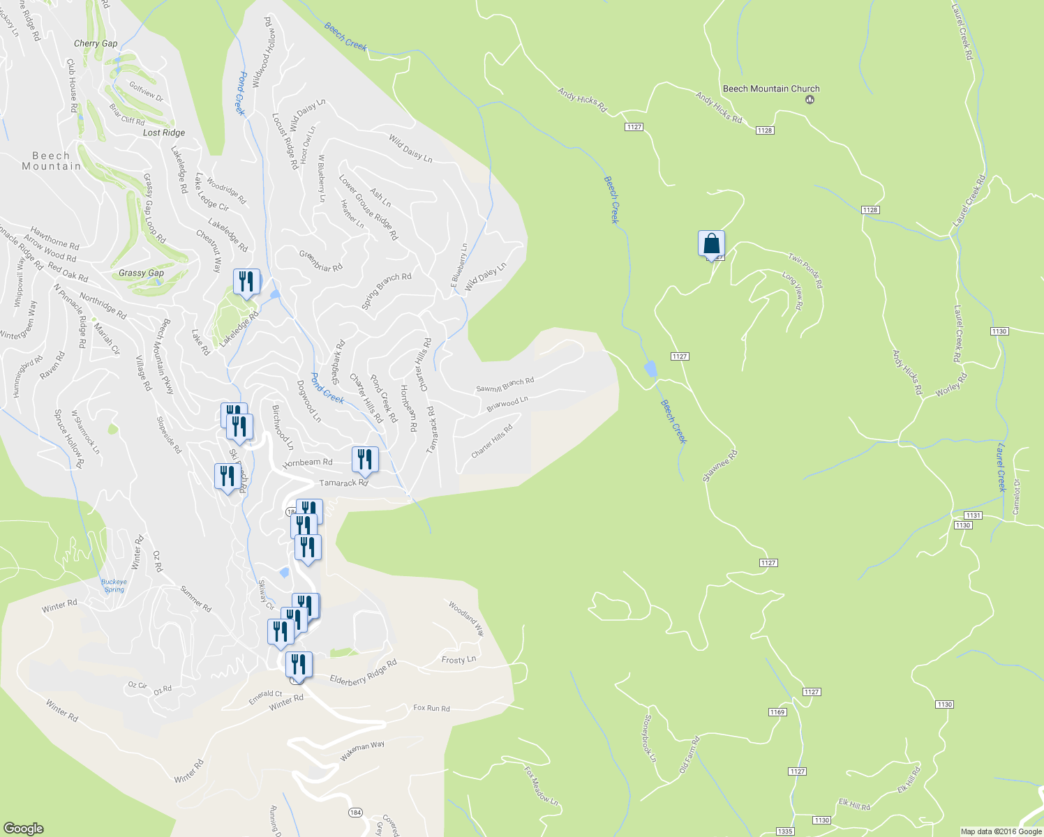 map of restaurants, bars, coffee shops, grocery stores, and more near 1056 Charter Hills Road in Beech Mountain