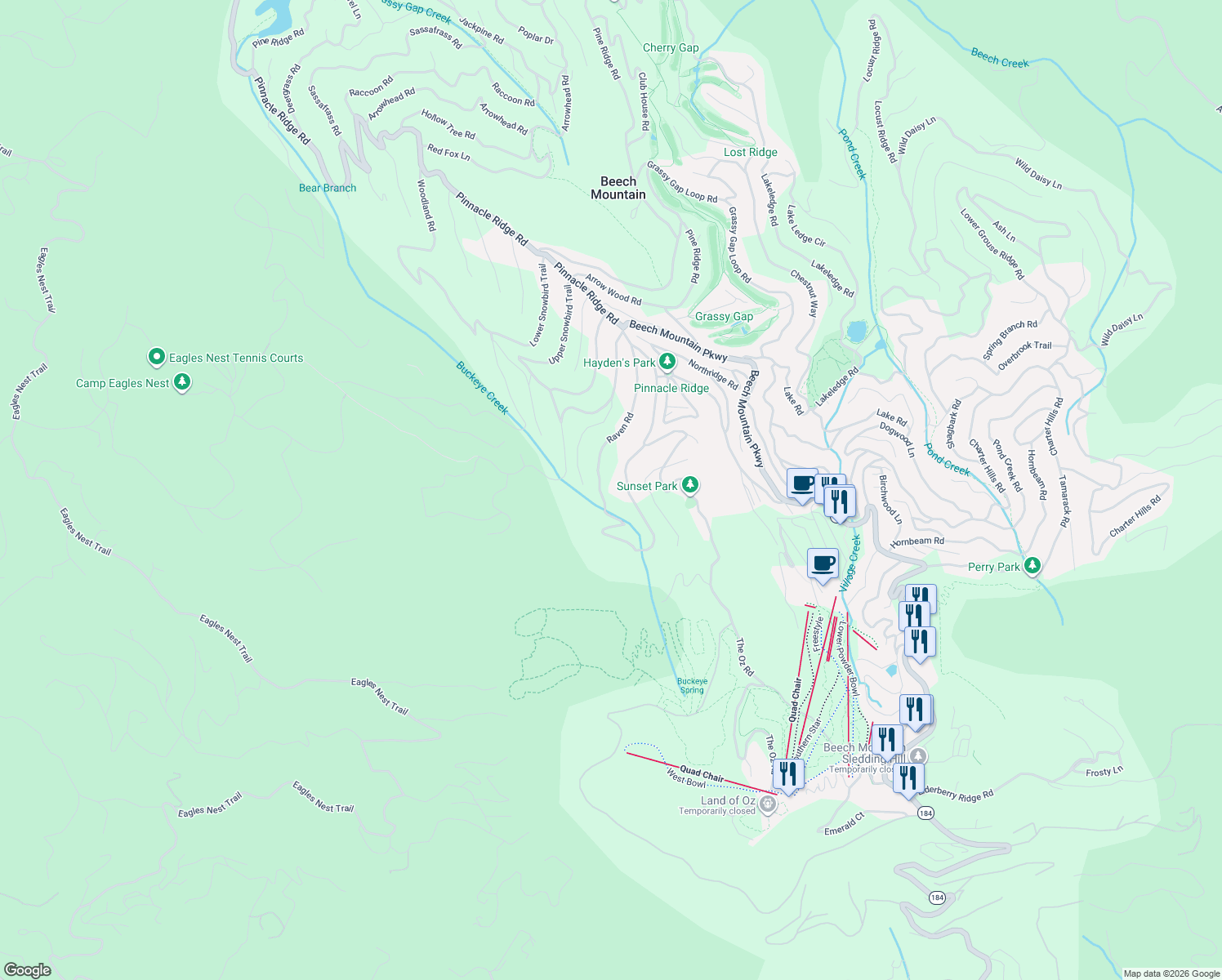 map of restaurants, bars, coffee shops, grocery stores, and more near 143 Raven Road in Beech Mountain