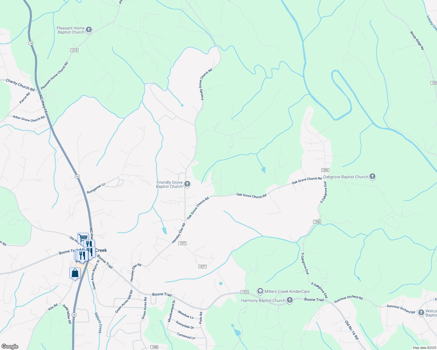 map of restaurants, bars, coffee shops, grocery stores, and more near 275 Grand Street in Millers Creek