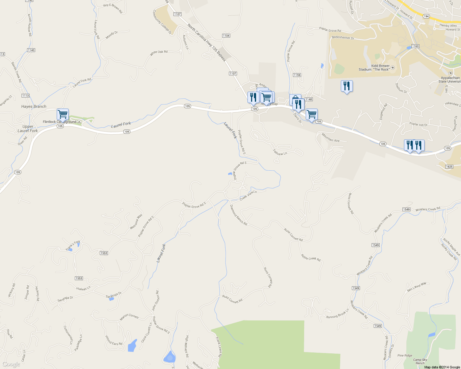 map of restaurants, bars, coffee shops, grocery stores, and more near 1197 Poplar Grove Road South in Boone