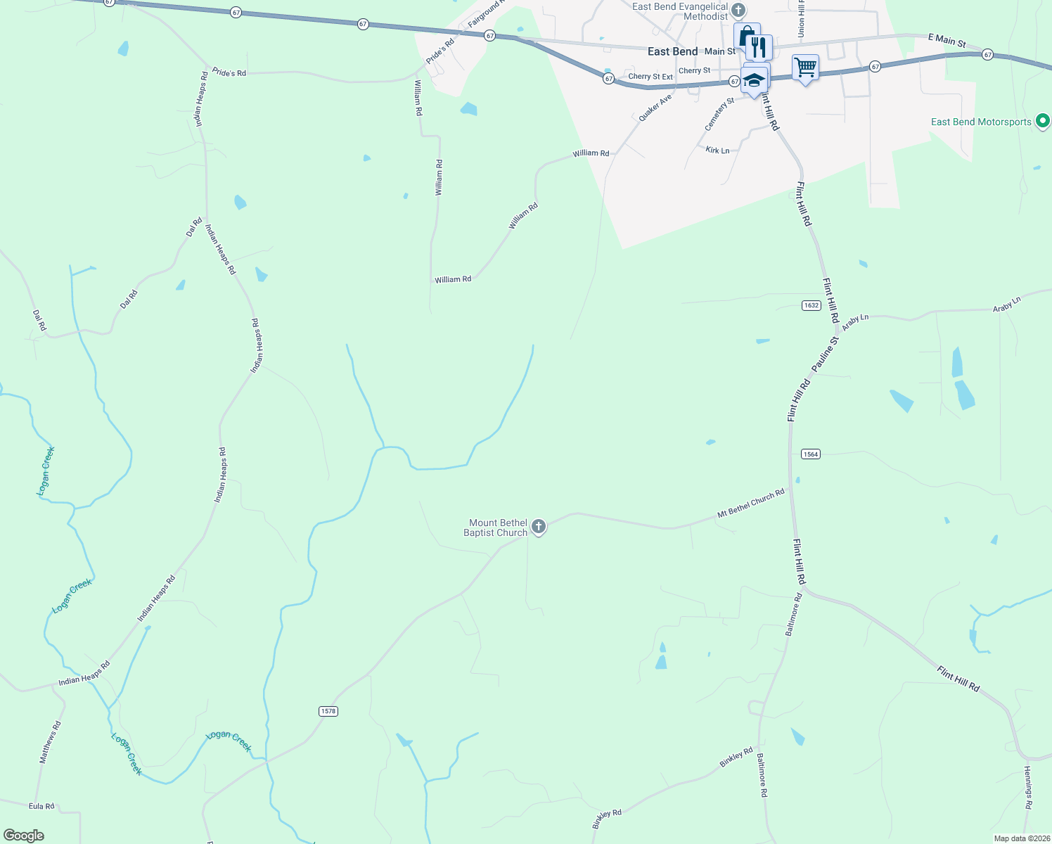 map of restaurants, bars, coffee shops, grocery stores, and more near 4405 Mount Bethel Ch Road in East Bend