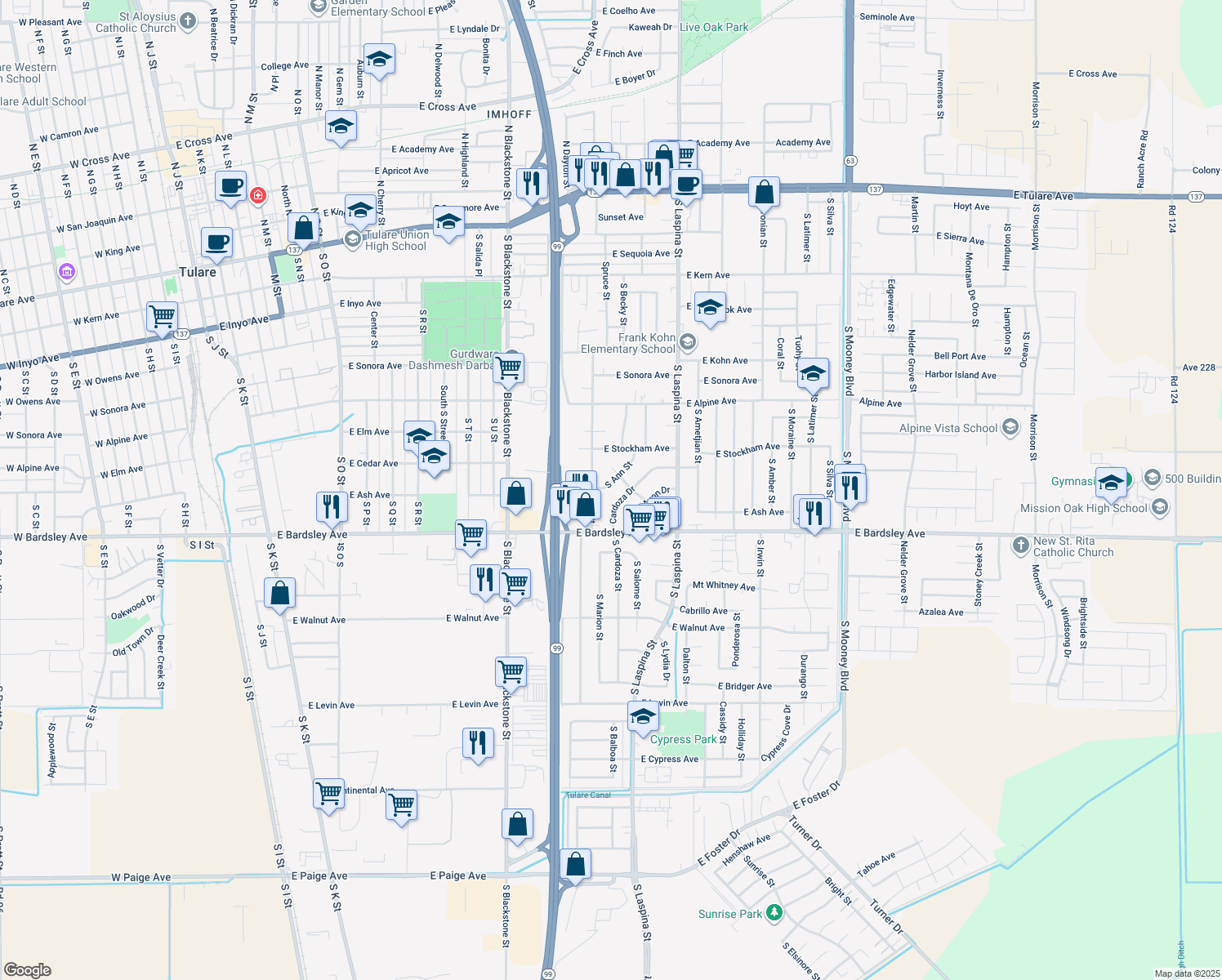 map of restaurants, bars, coffee shops, grocery stores, and more near 900 South Ann Street in Tulare