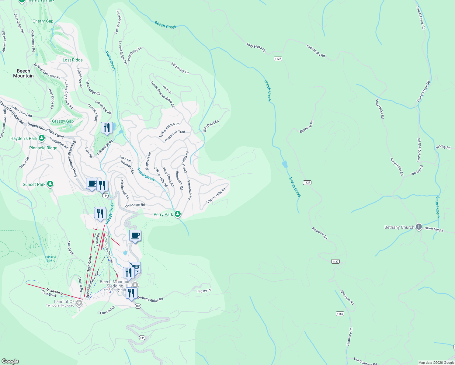 map of restaurants, bars, coffee shops, grocery stores, and more near 1056 Charter Hills Road in Beech Mountain