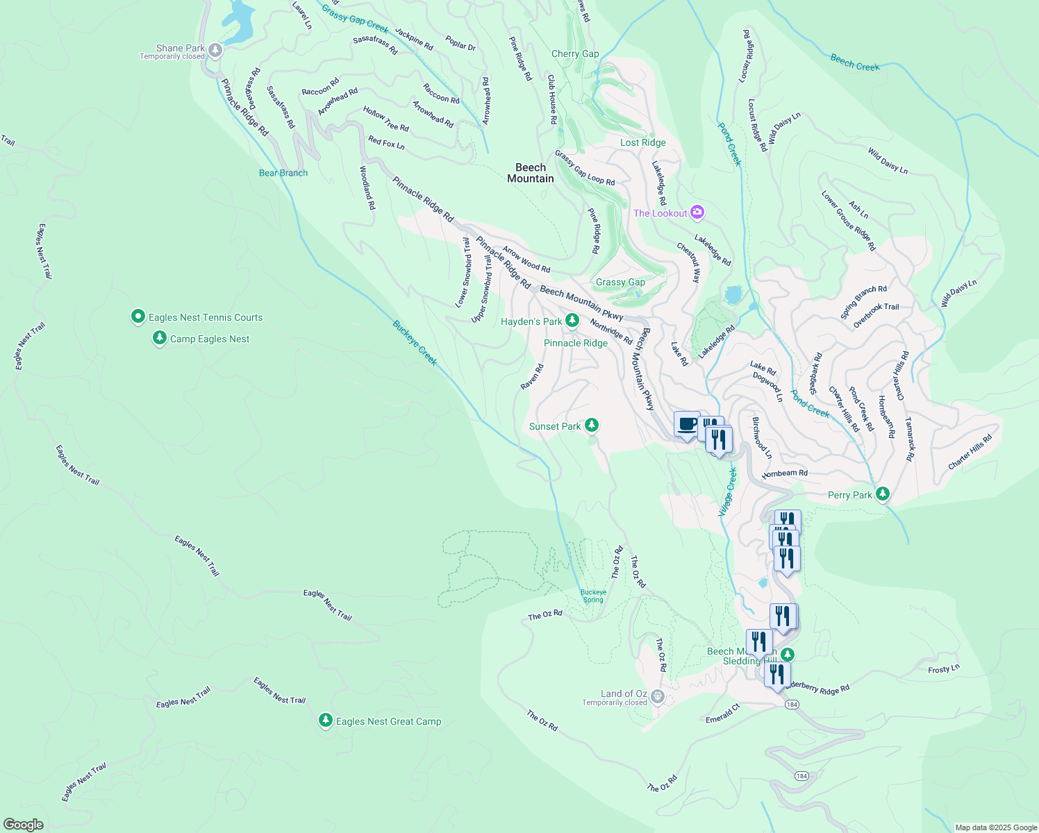 map of restaurants, bars, coffee shops, grocery stores, and more near 139 Raven Road in Beech Mountain