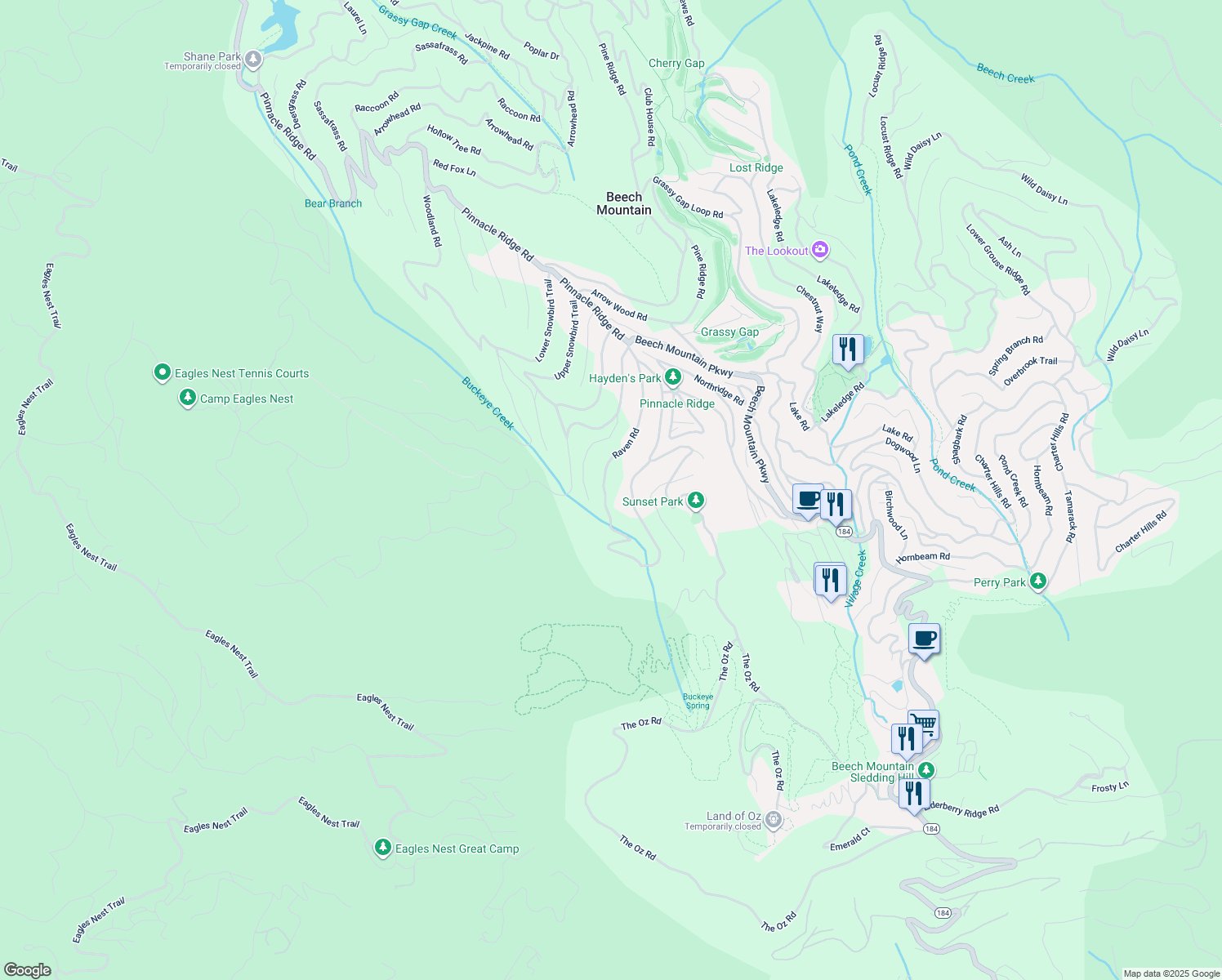 map of restaurants, bars, coffee shops, grocery stores, and more near 139 Raven Road in Beech Mountain
