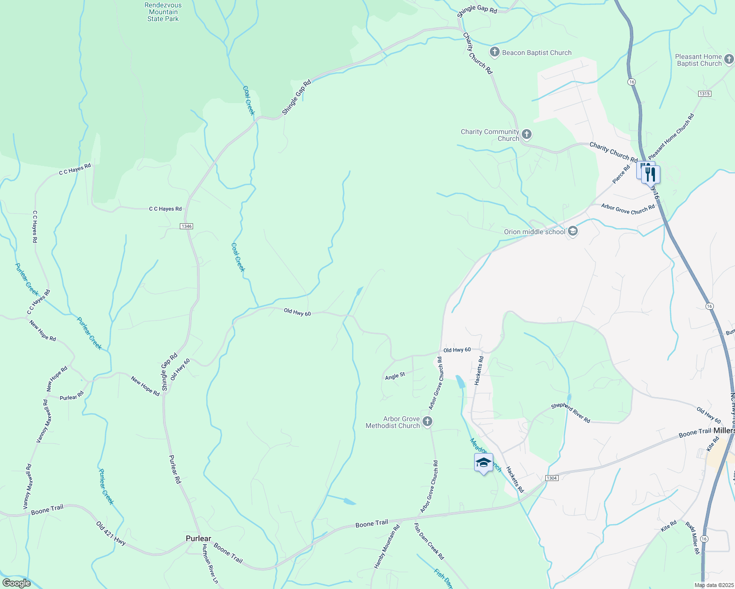map of restaurants, bars, coffee shops, grocery stores, and more near 274 Meadows Branch Lane in Purlear