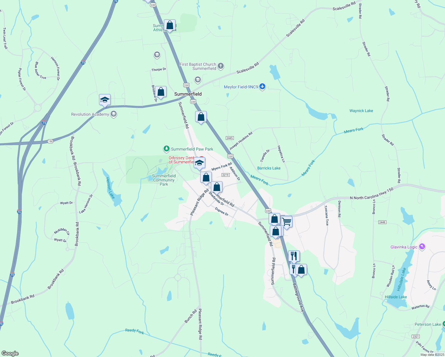 map of restaurants, bars, coffee shops, grocery stores, and more near 5009 Loire Drive in Summerfield