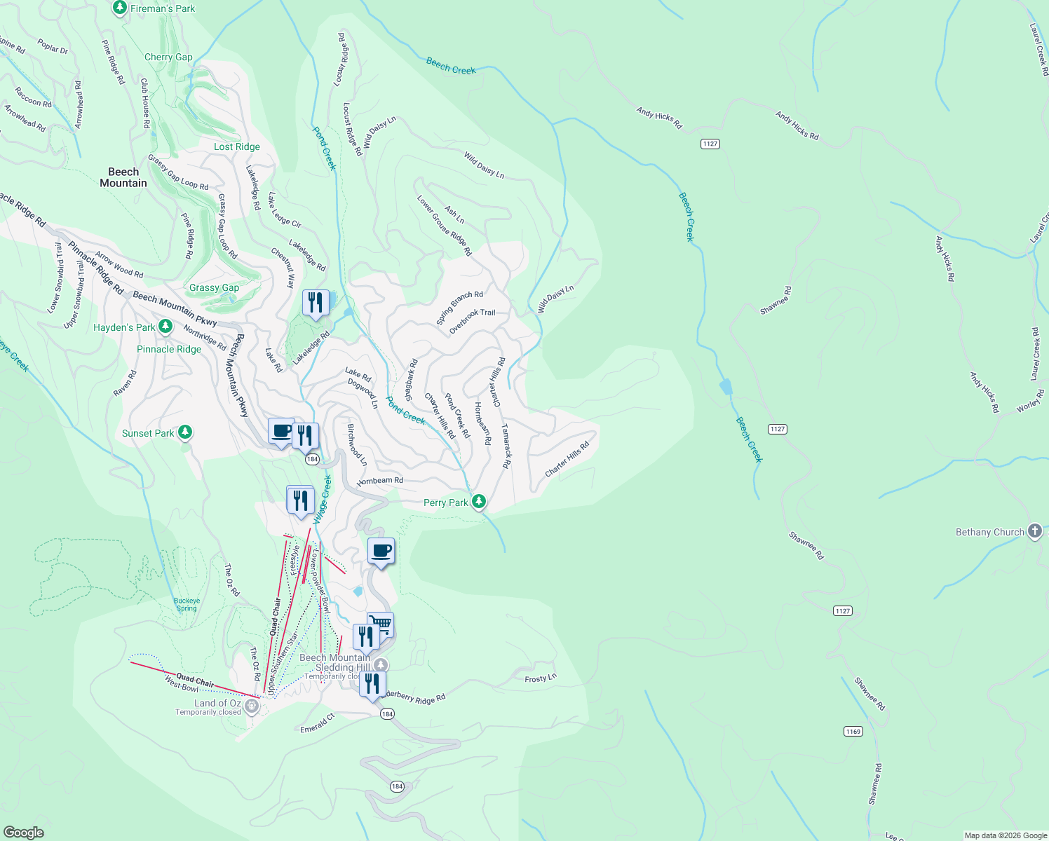map of restaurants, bars, coffee shops, grocery stores, and more near 137 Staghorn Hollow in Beech Mountain