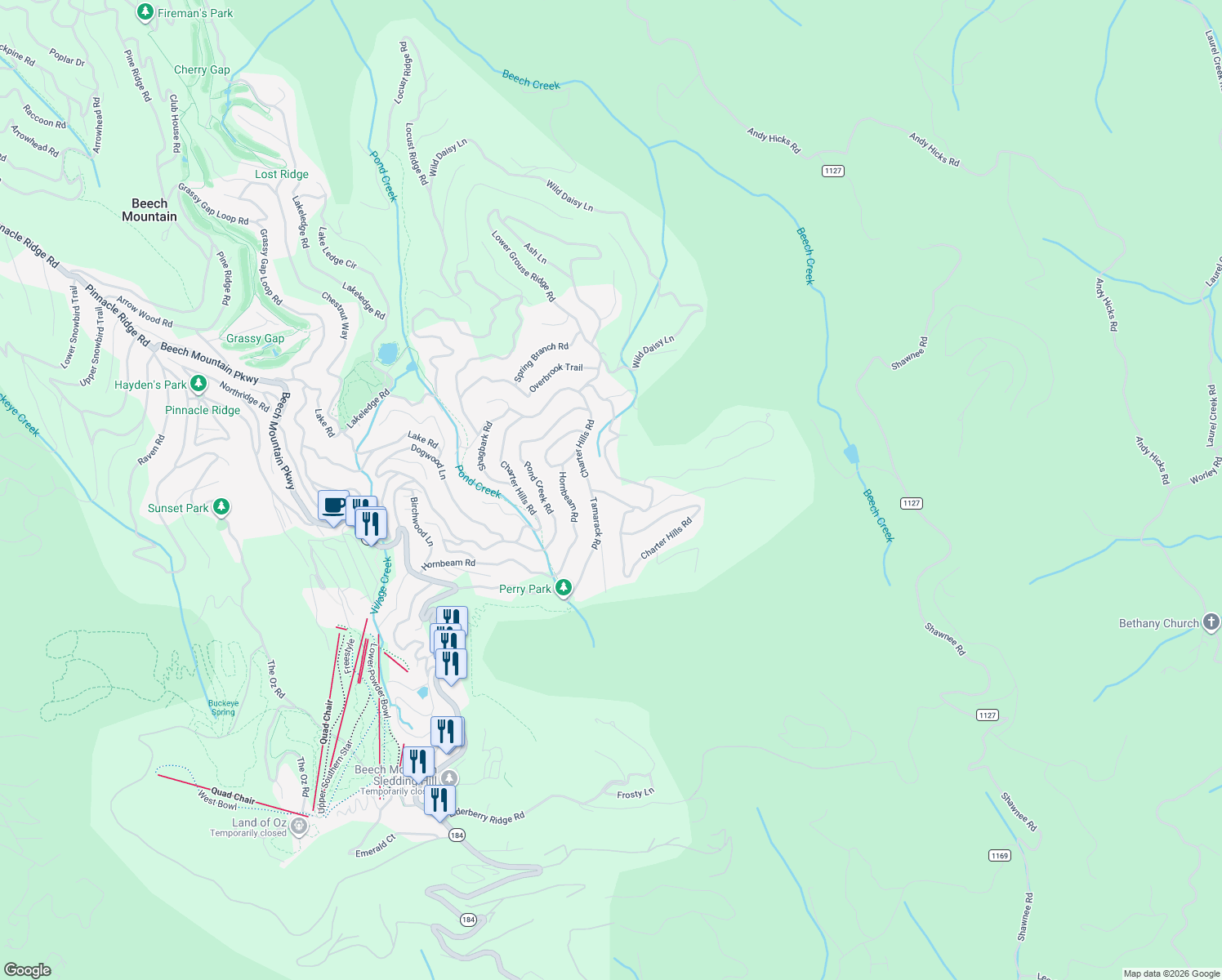 map of restaurants, bars, coffee shops, grocery stores, and more near 137 Staghorn Hollow in Beech Mountain