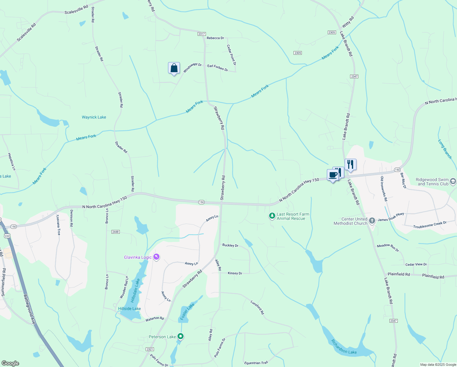 map of restaurants, bars, coffee shops, grocery stores, and more near 7410 Strawberry Road in Summerfield