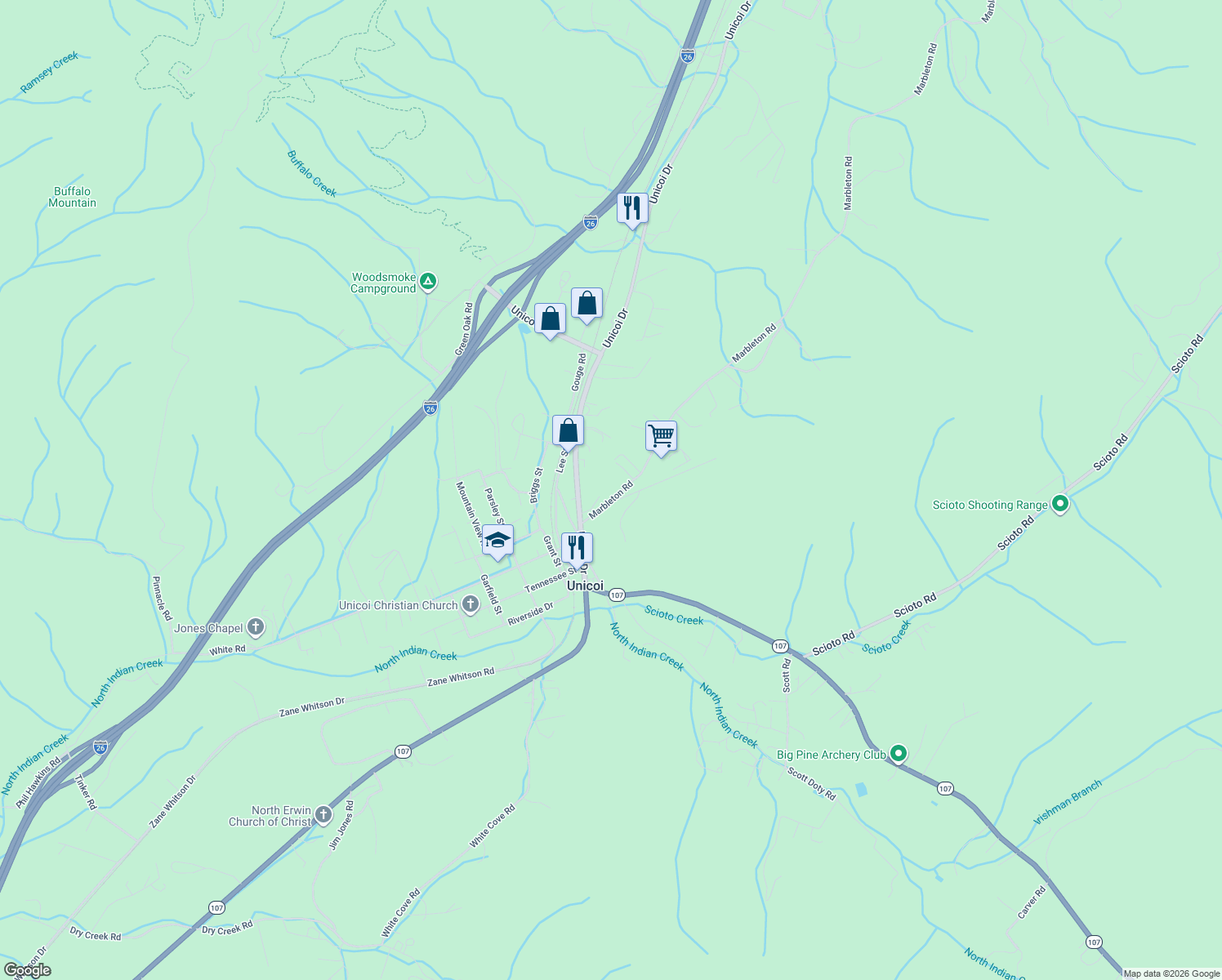 map of restaurants, bars, coffee shops, grocery stores, and more near 203 Marbleton Road in Unicoi