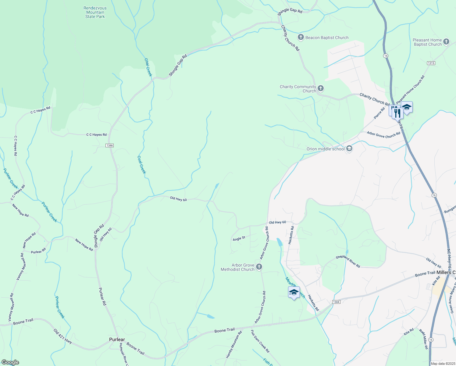 map of restaurants, bars, coffee shops, grocery stores, and more near 274 Meadows Branch Lane in Purlear