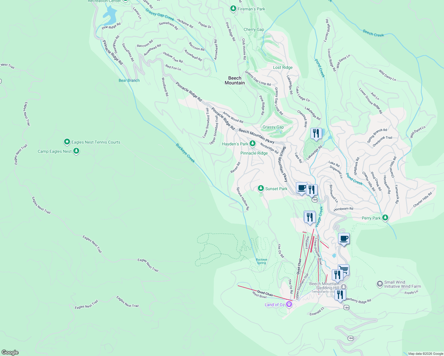 map of restaurants, bars, coffee shops, grocery stores, and more near 119 Hummingbird Road in Beech Mountain