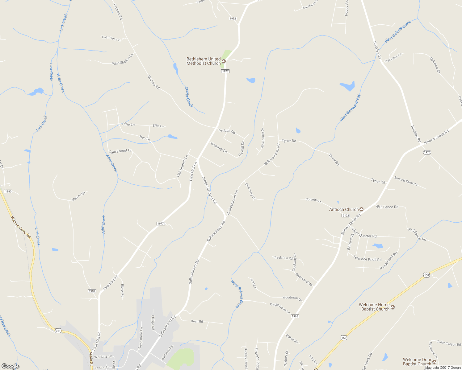map of restaurants, bars, coffee shops, grocery stores, and more near 6241 Sullivantown Road in Walkertown