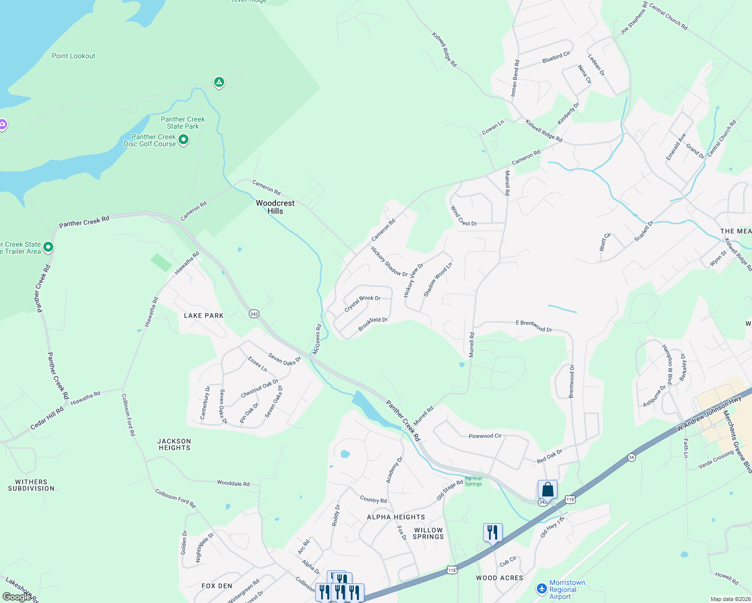 map of restaurants, bars, coffee shops, grocery stores, and more near 1475 Shady Creek Ct in Morristown