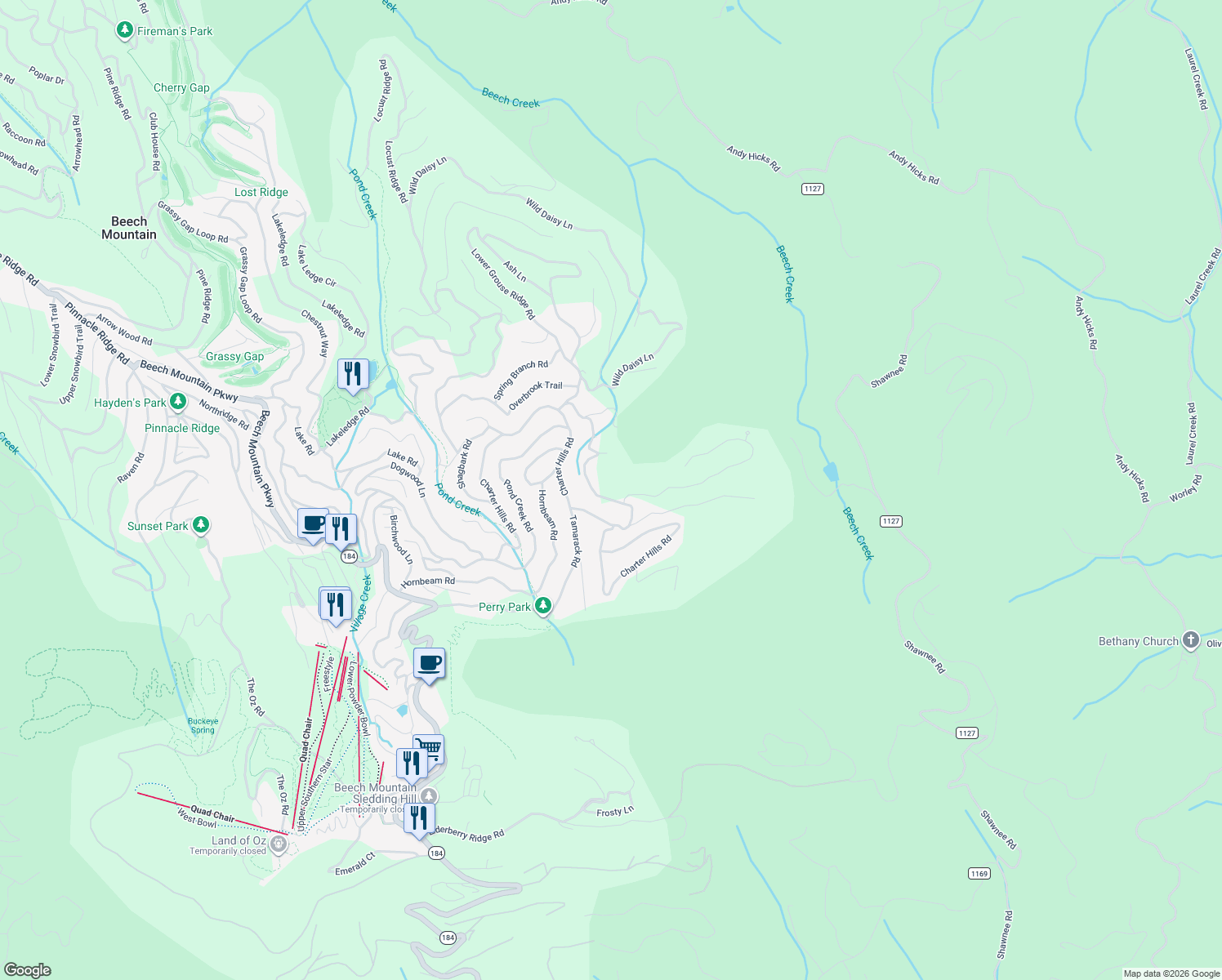map of restaurants, bars, coffee shops, grocery stores, and more near 137 Staghorn Hollow in Beech Mountain