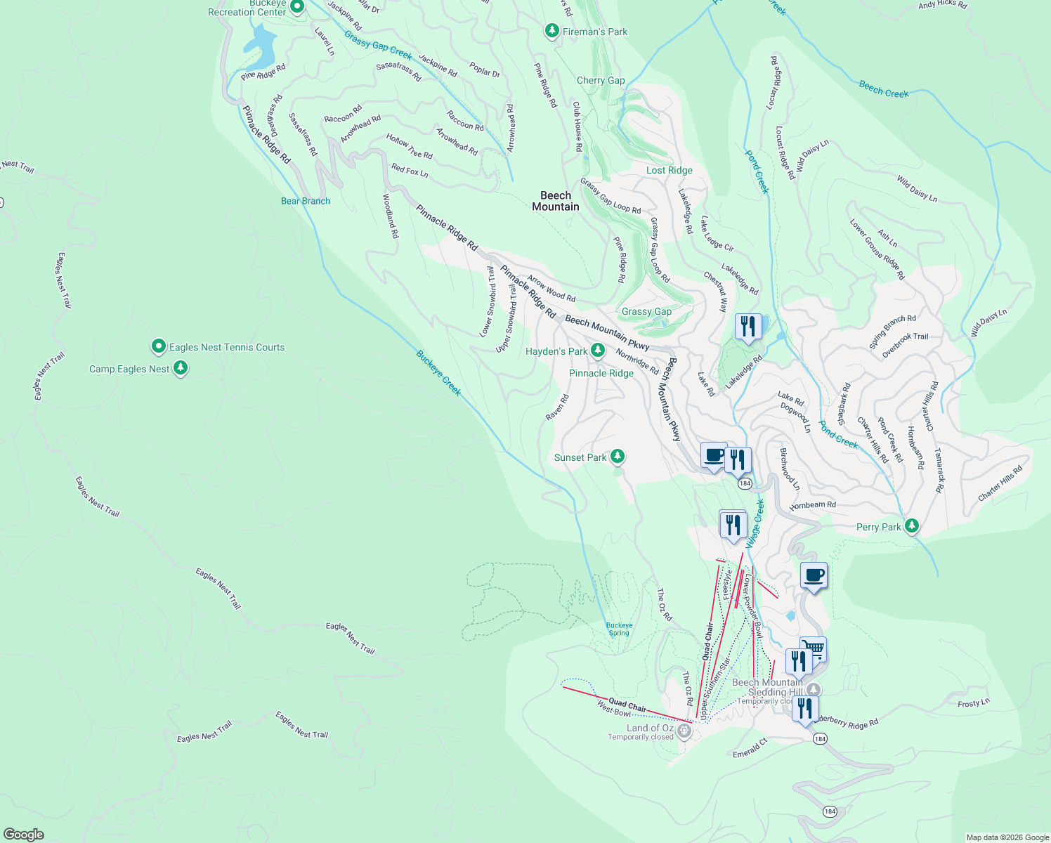 map of restaurants, bars, coffee shops, grocery stores, and more near 119 Hummingbird Road in Beech Mountain