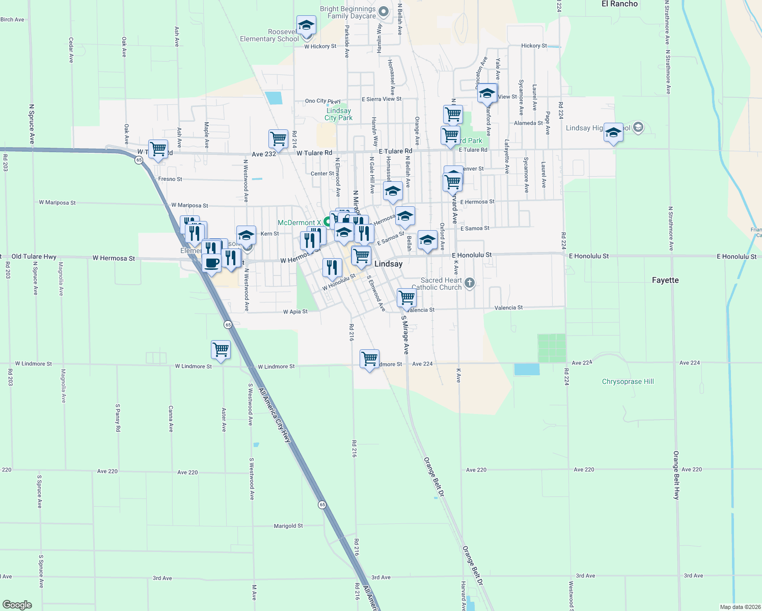 map of restaurants, bars, coffee shops, grocery stores, and more near 299 South Elmwood Avenue in Lindsay