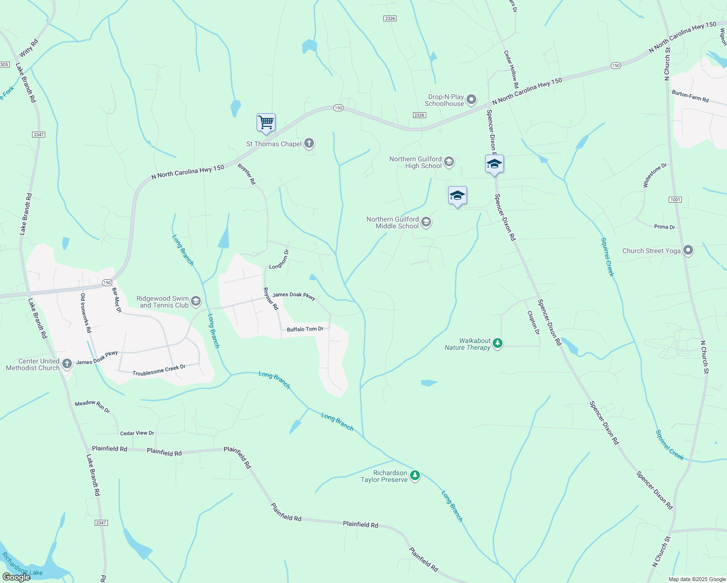 map of restaurants, bars, coffee shops, grocery stores, and more near 6107 Mountain Brook Road in Greensboro