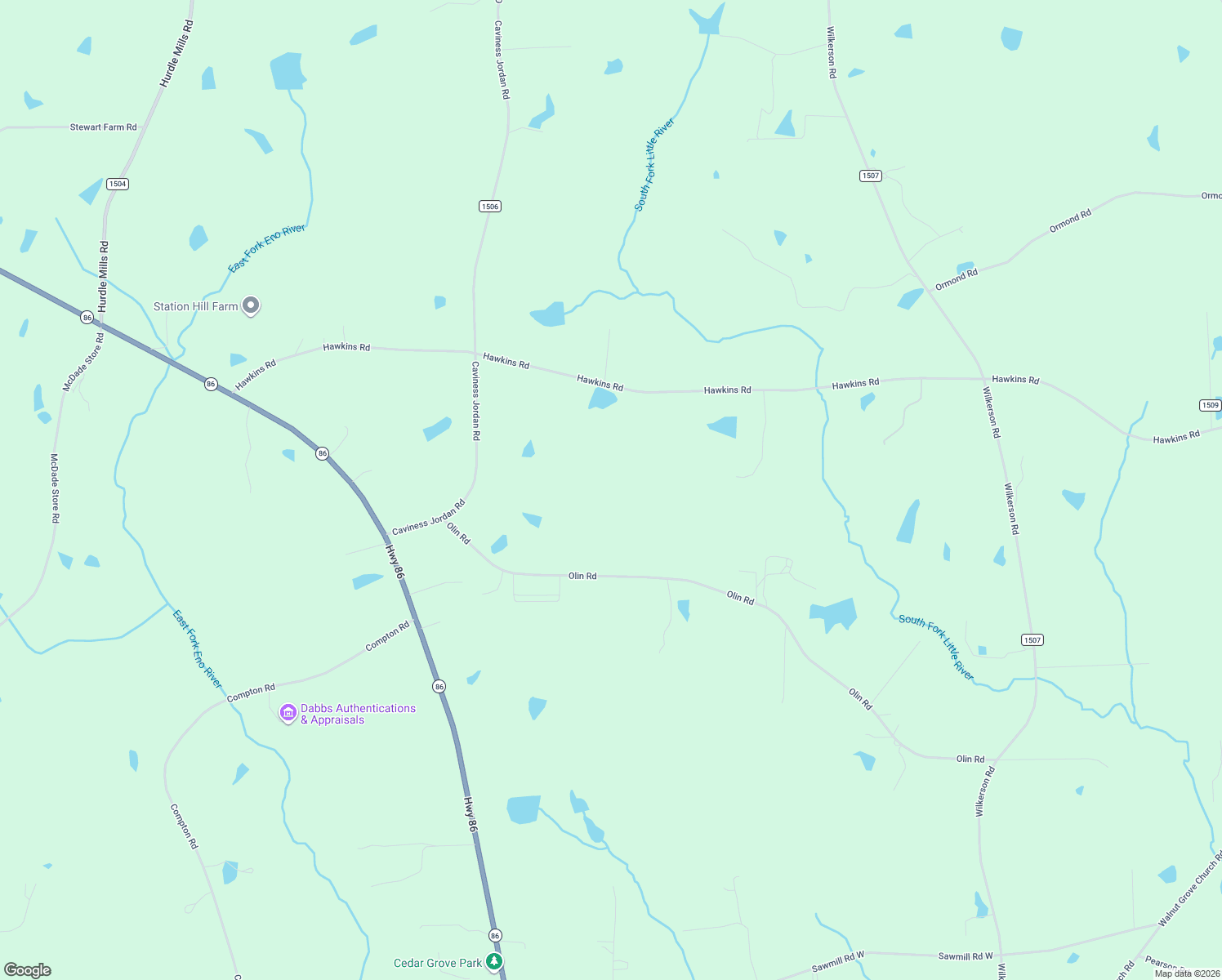 map of restaurants, bars, coffee shops, grocery stores, and more near 7209 Caviness Jordan Road in Cedar Grove