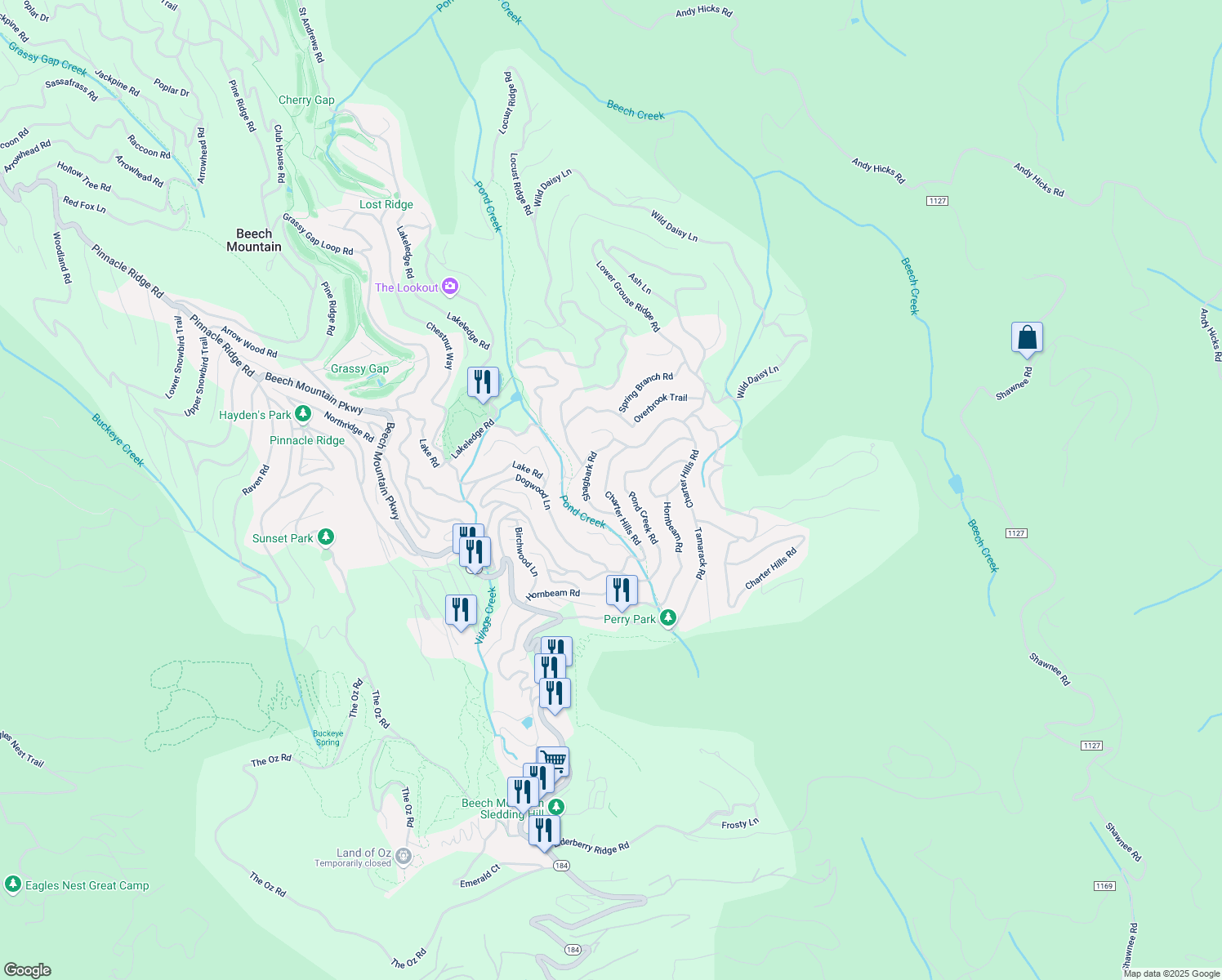 map of restaurants, bars, coffee shops, grocery stores, and more near 410 Charter Hills Road in Beech Mountain