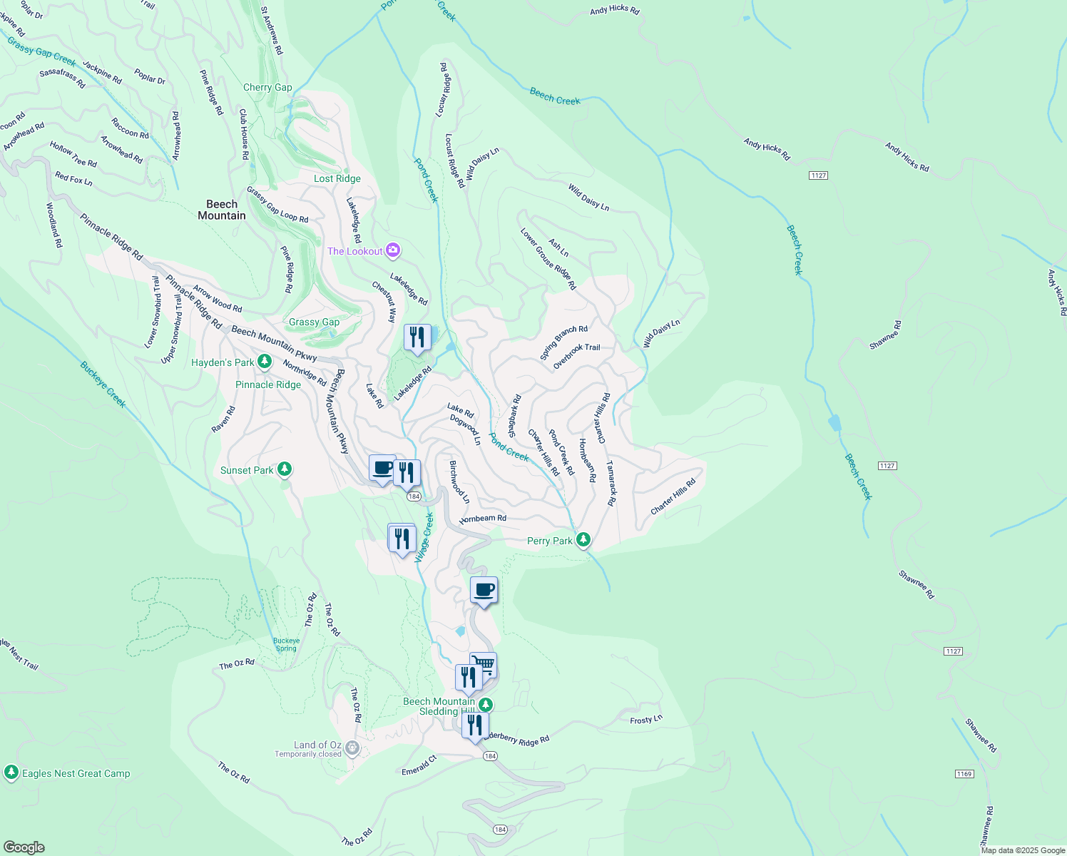 map of restaurants, bars, coffee shops, grocery stores, and more near 410 Charter Hills Road in Beech Mountain